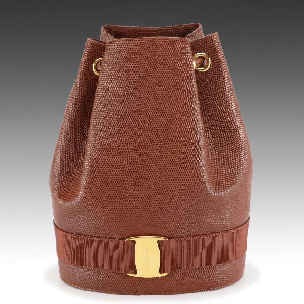 Salvatore Ferragamo Lizard Embossed Leather Mini Vara Drawstring Bucket Bag