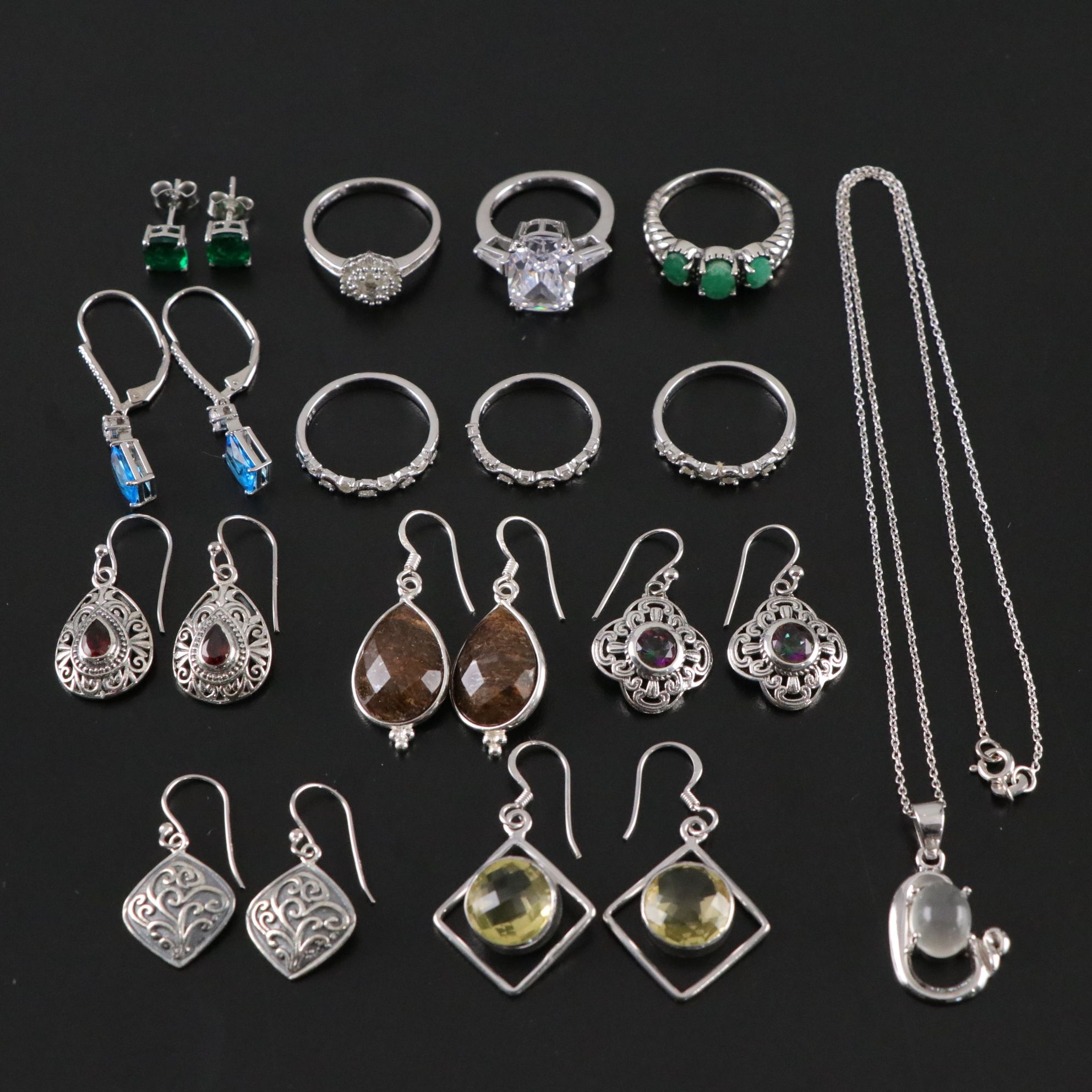14 Assorted Sterling Silver Rings, Earrings and Necklace