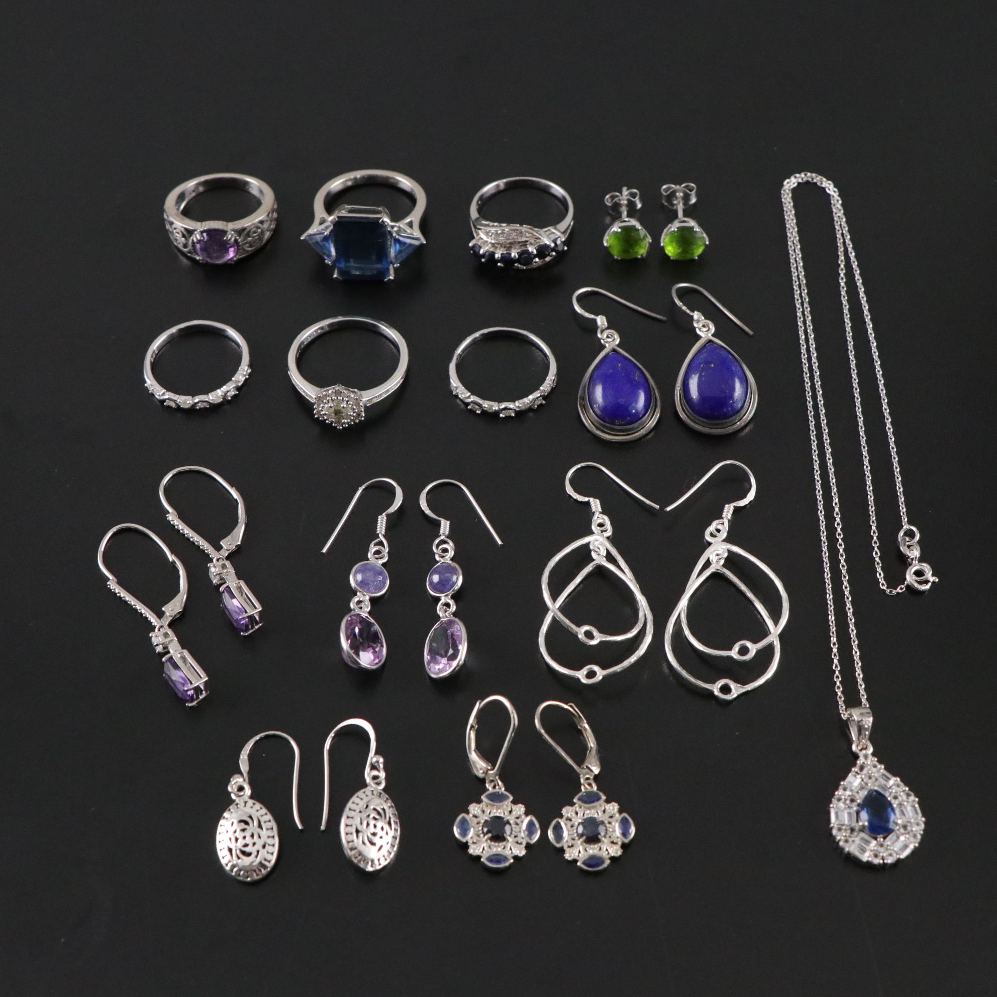 14 Assorted Sterling Silver Rings, Earrings and Necklace