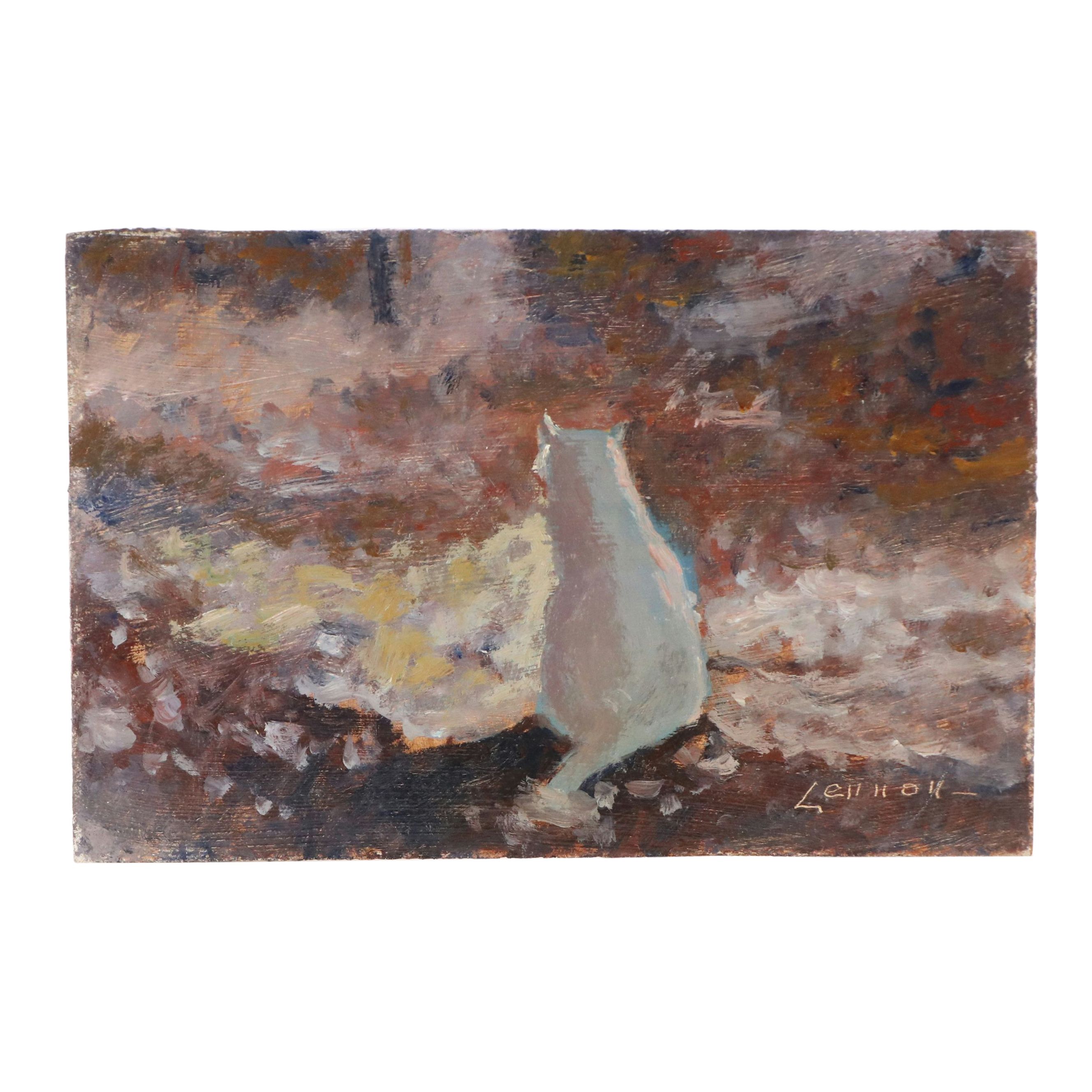 Bernard Lennon Oil Painting of Cat in Landscape, Mid to Late 20th Century