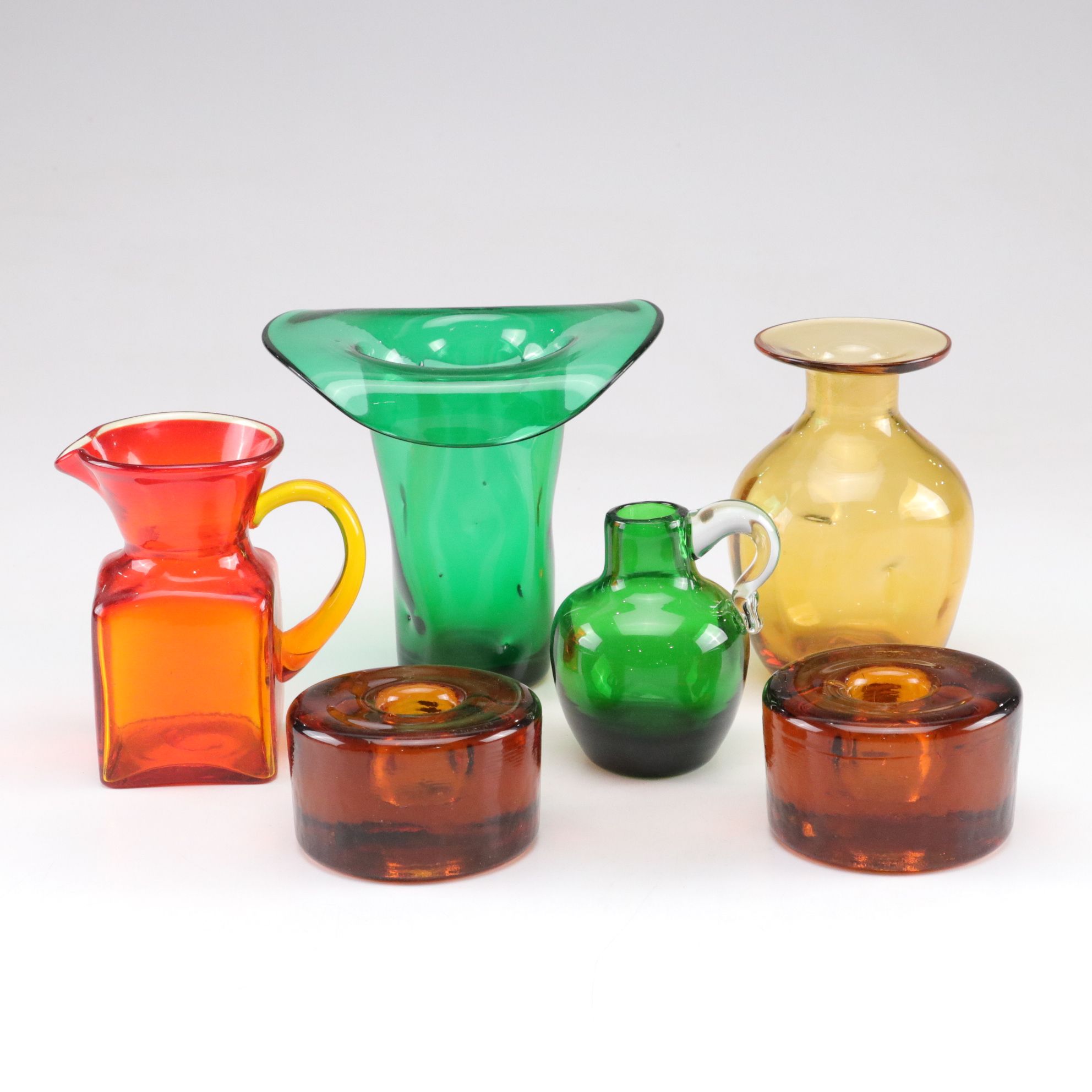 Blenko Amber Candle Holders with Amberina, Emerald Green & More Vases & Pitchers