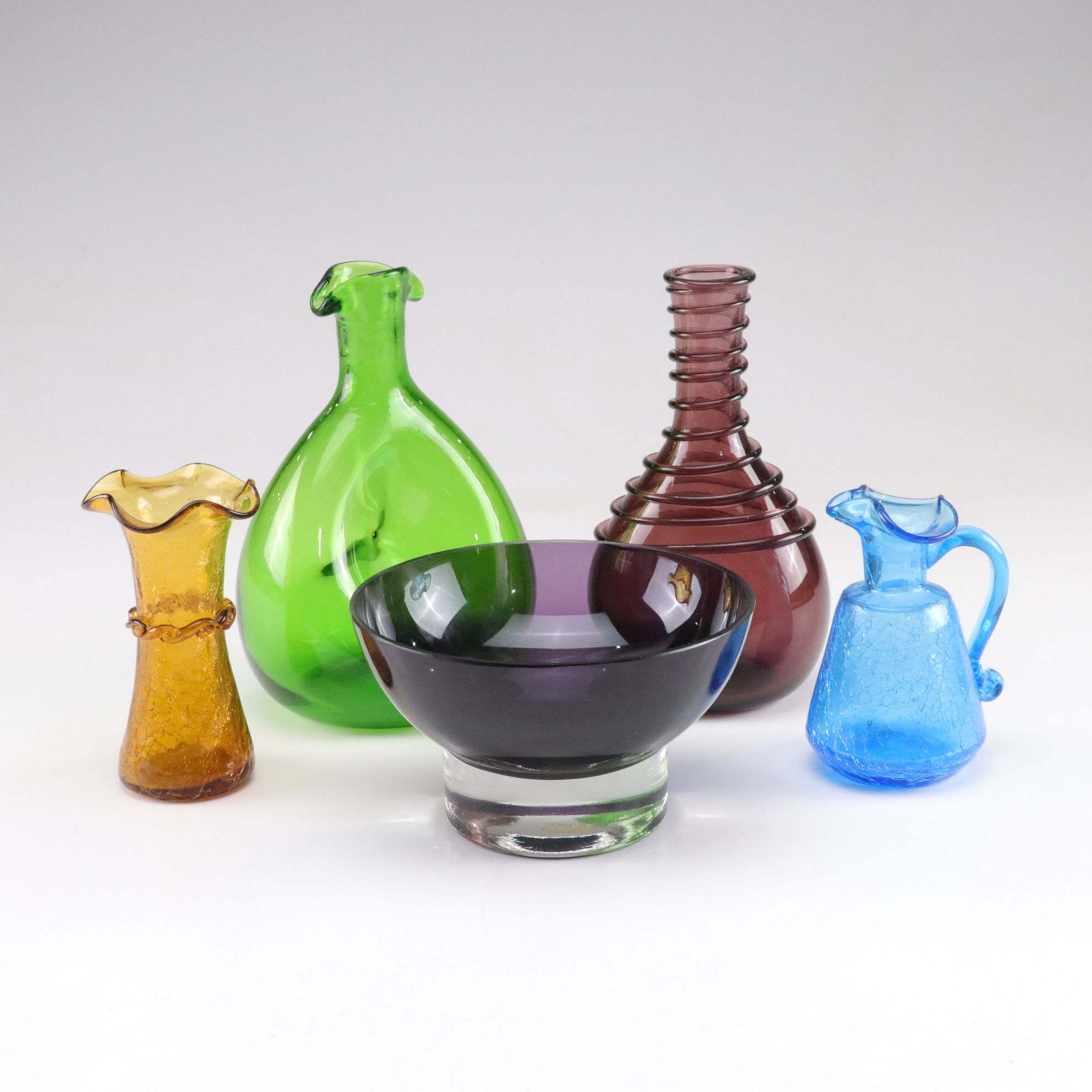 Amethyst Spiral Neck Vase, Lime Green Donut Glass Decanter, Crackle Glass & More