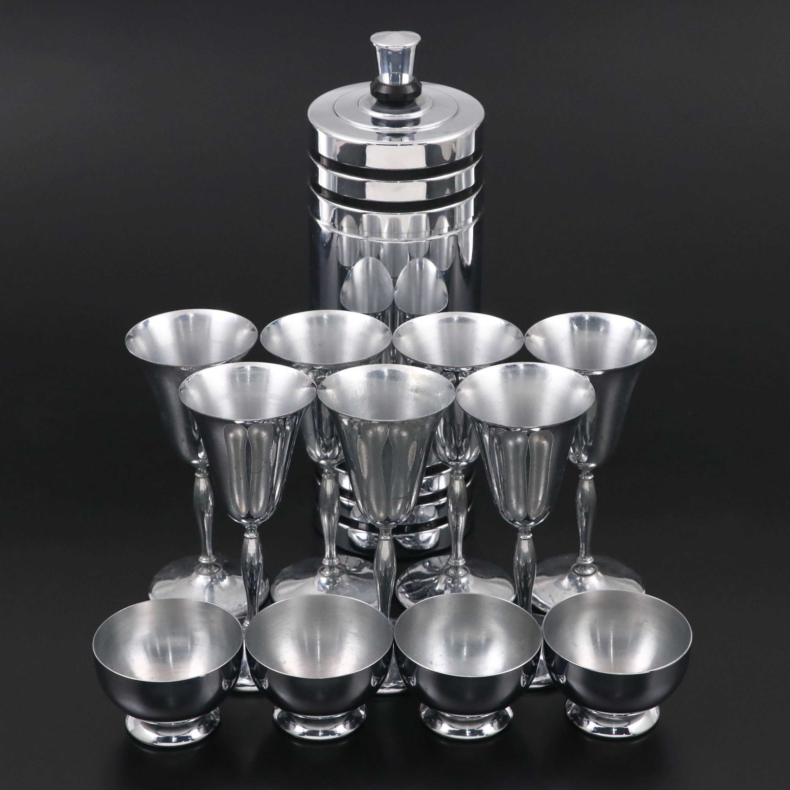 Chase Art Deco Chrome Plated Cocktail Shaker with Bowls and Other Stemware