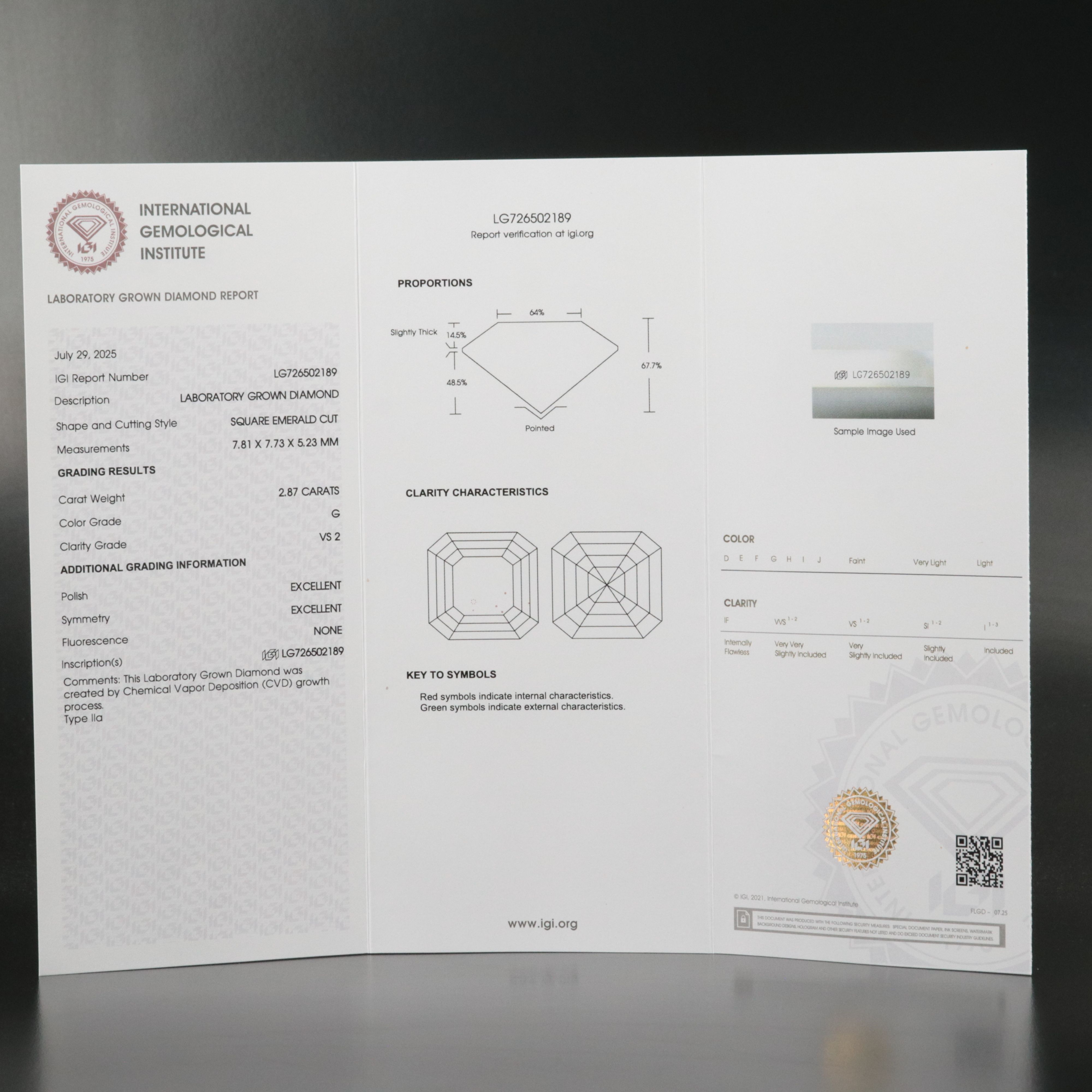 Loose 2.87 CT Lab Grown Diamond with IGI Report