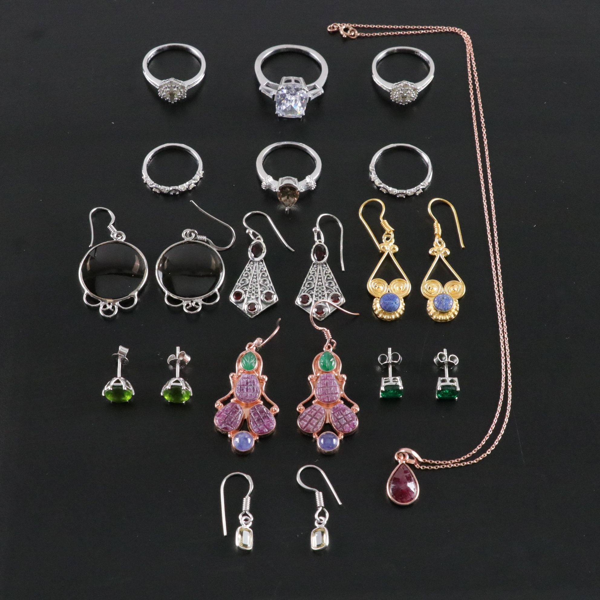 14 Assorted Sterling Silver Rings, Necklaces, Earrings, and Pendants