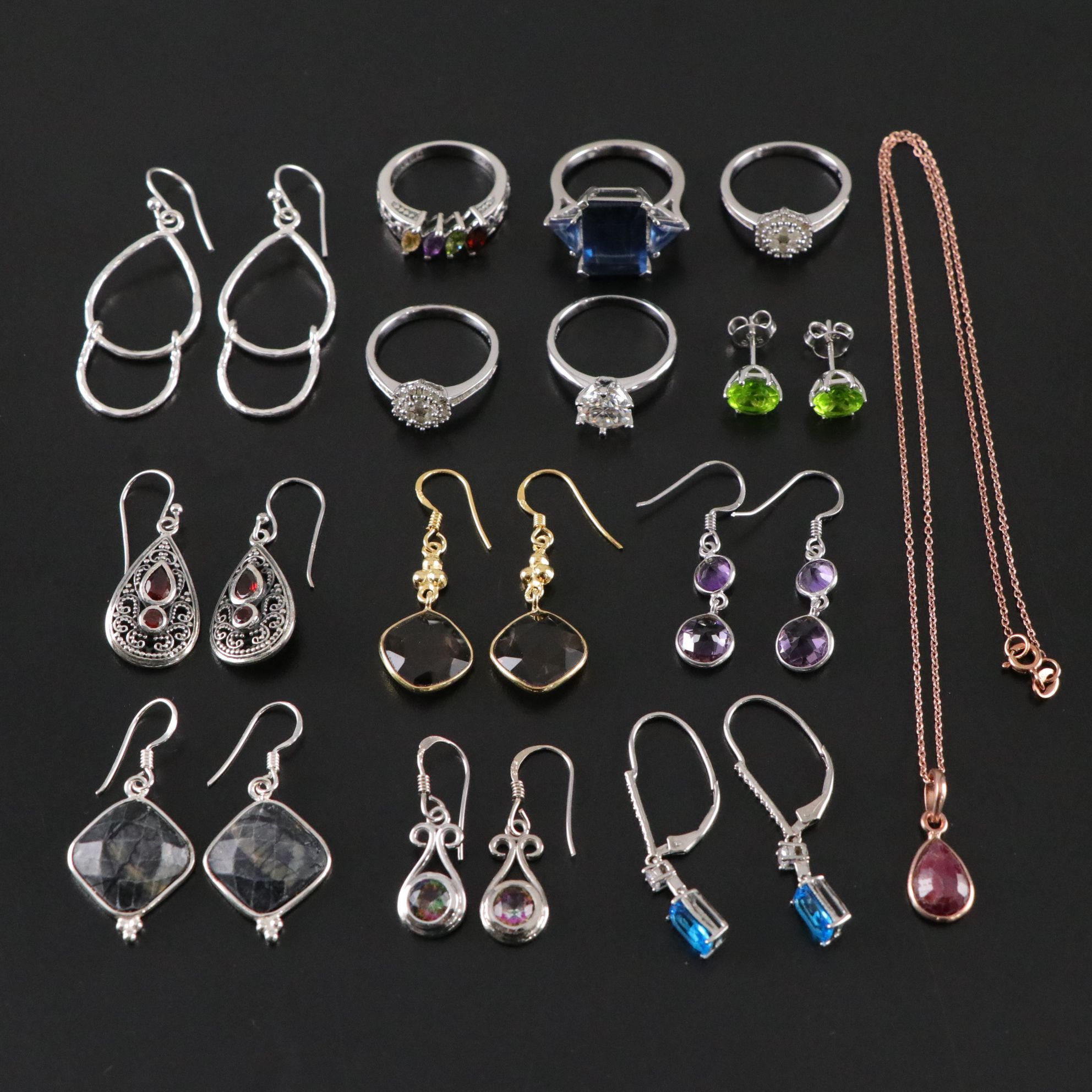 14 Assorted Sterling Silver Rings, Earrings and Necklace