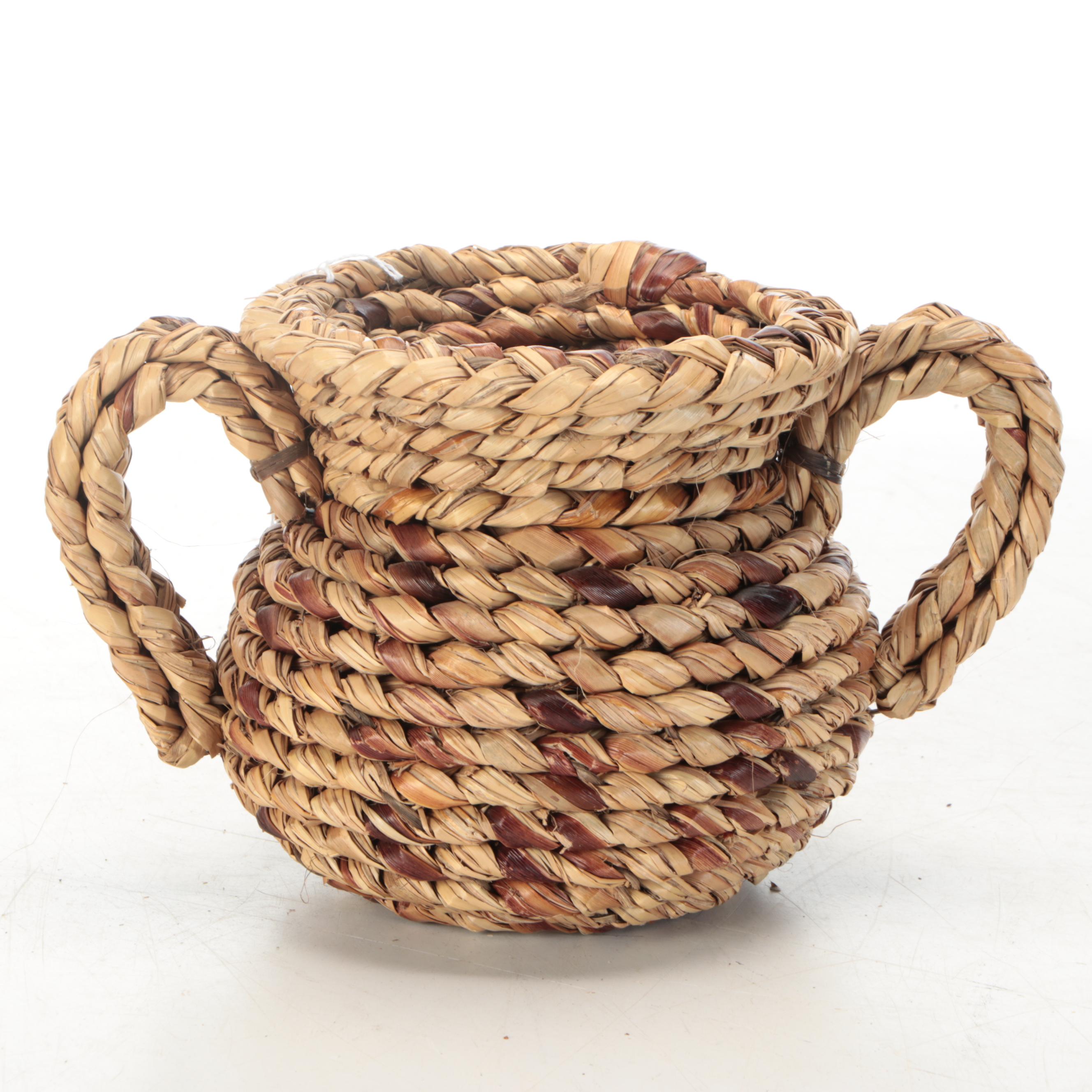 South African Zulu Peoples Woven Ilala Palm Handled Basketry Vessels