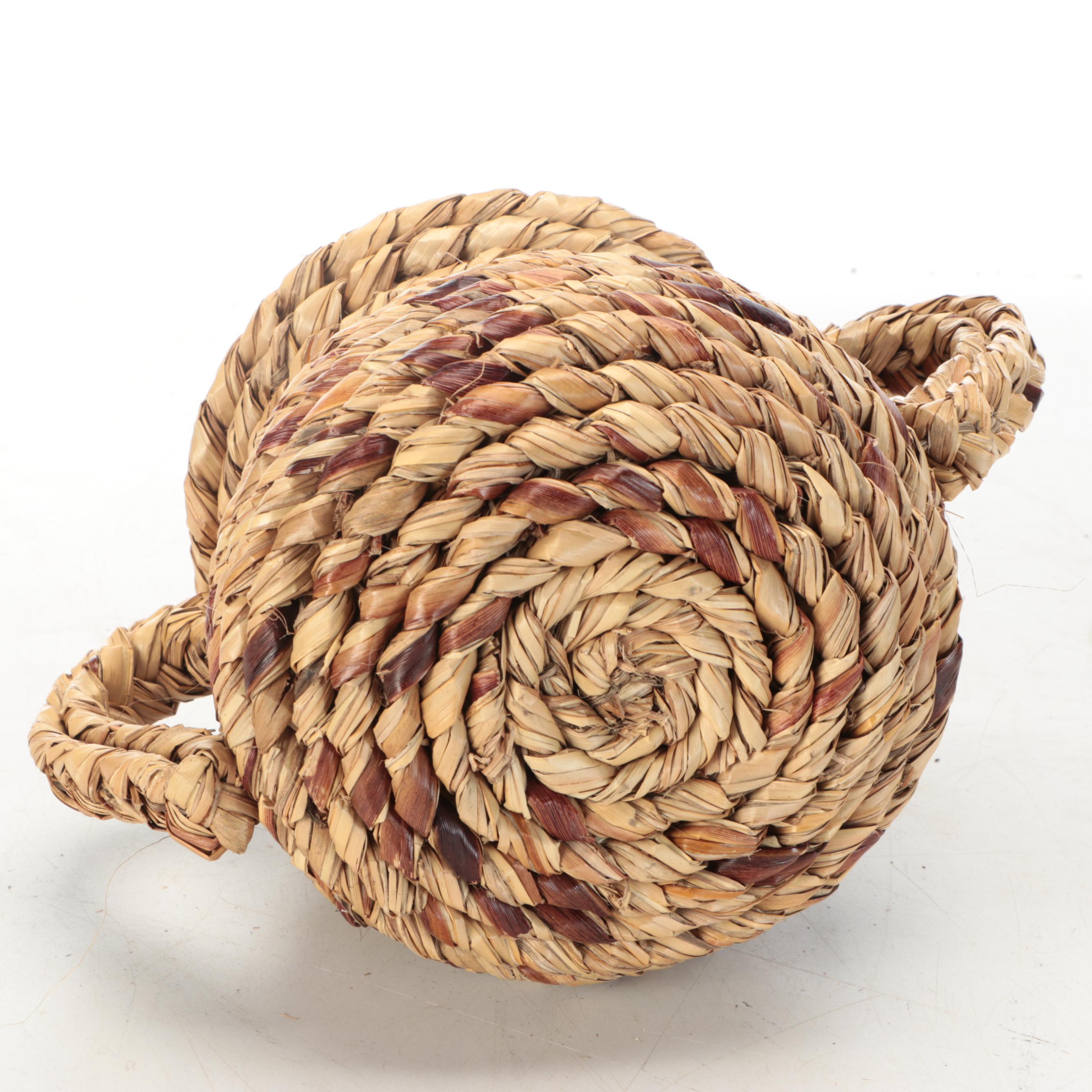 South African Zulu Peoples Woven Ilala Palm Handled Basketry Vessels