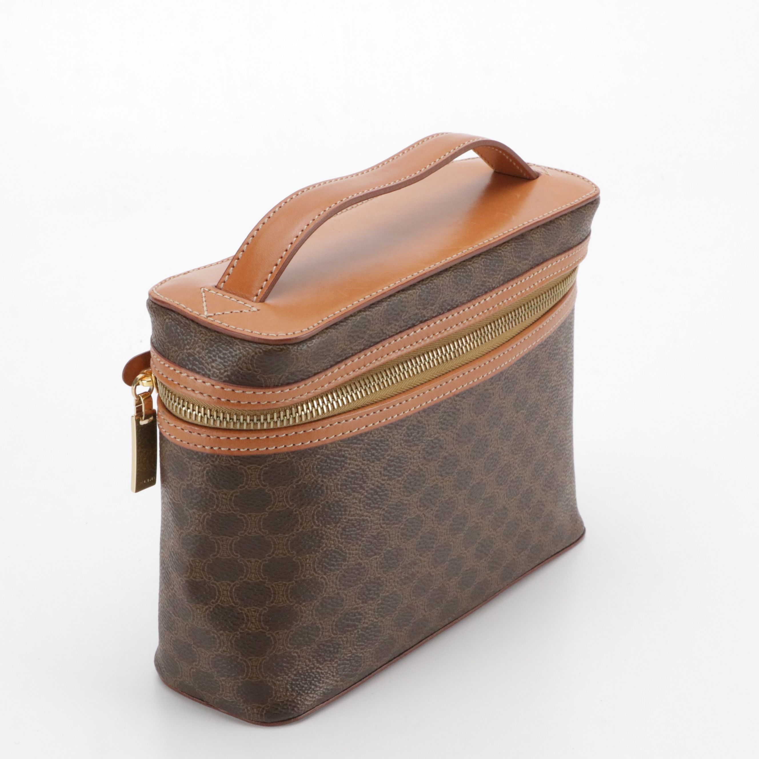 Celine Top Handle Vanity Zip Bag in Dark Brown Macadam Canvas and Leather