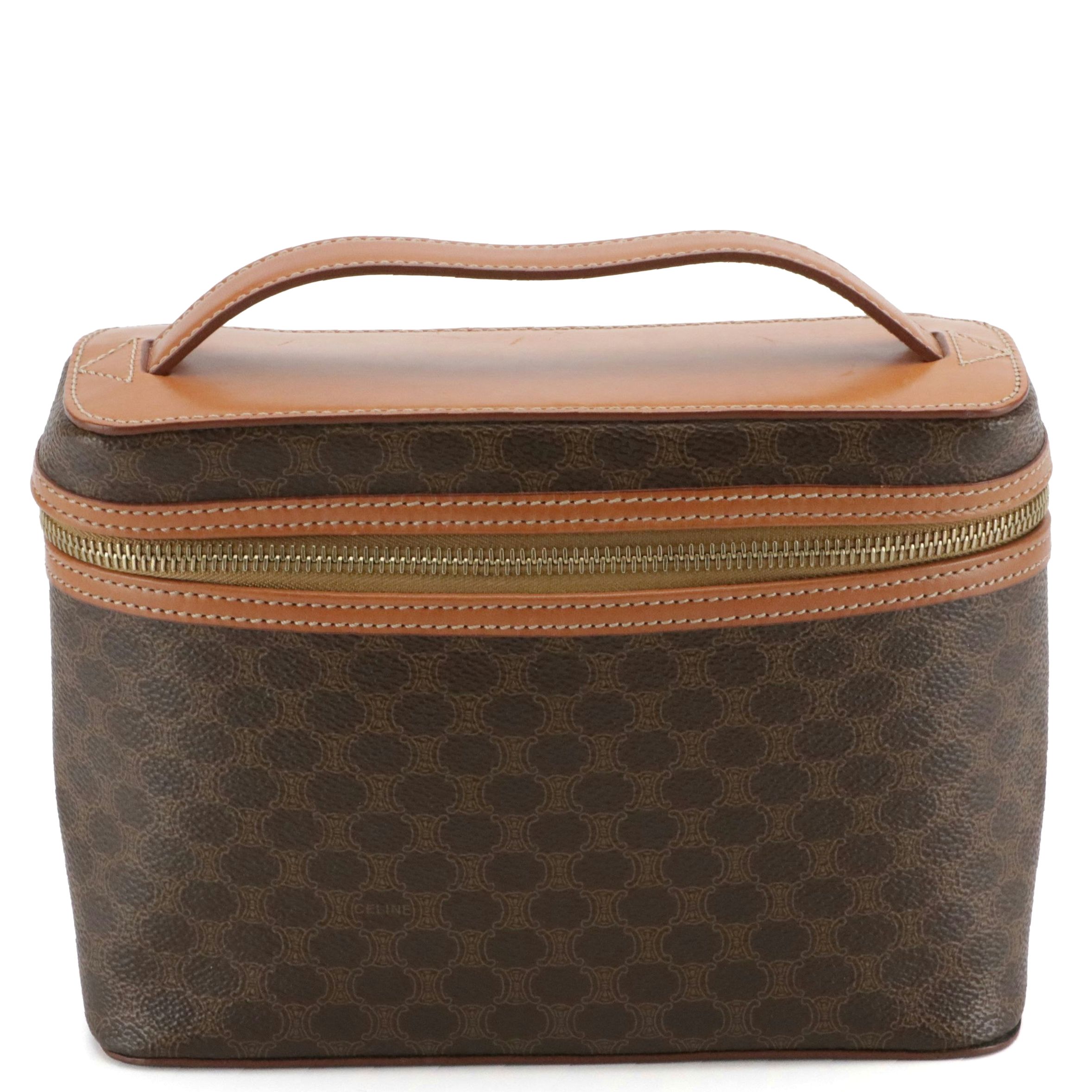 Celine Top Handle Vanity Zip Bag in Dark Brown Macadam Canvas and Leather