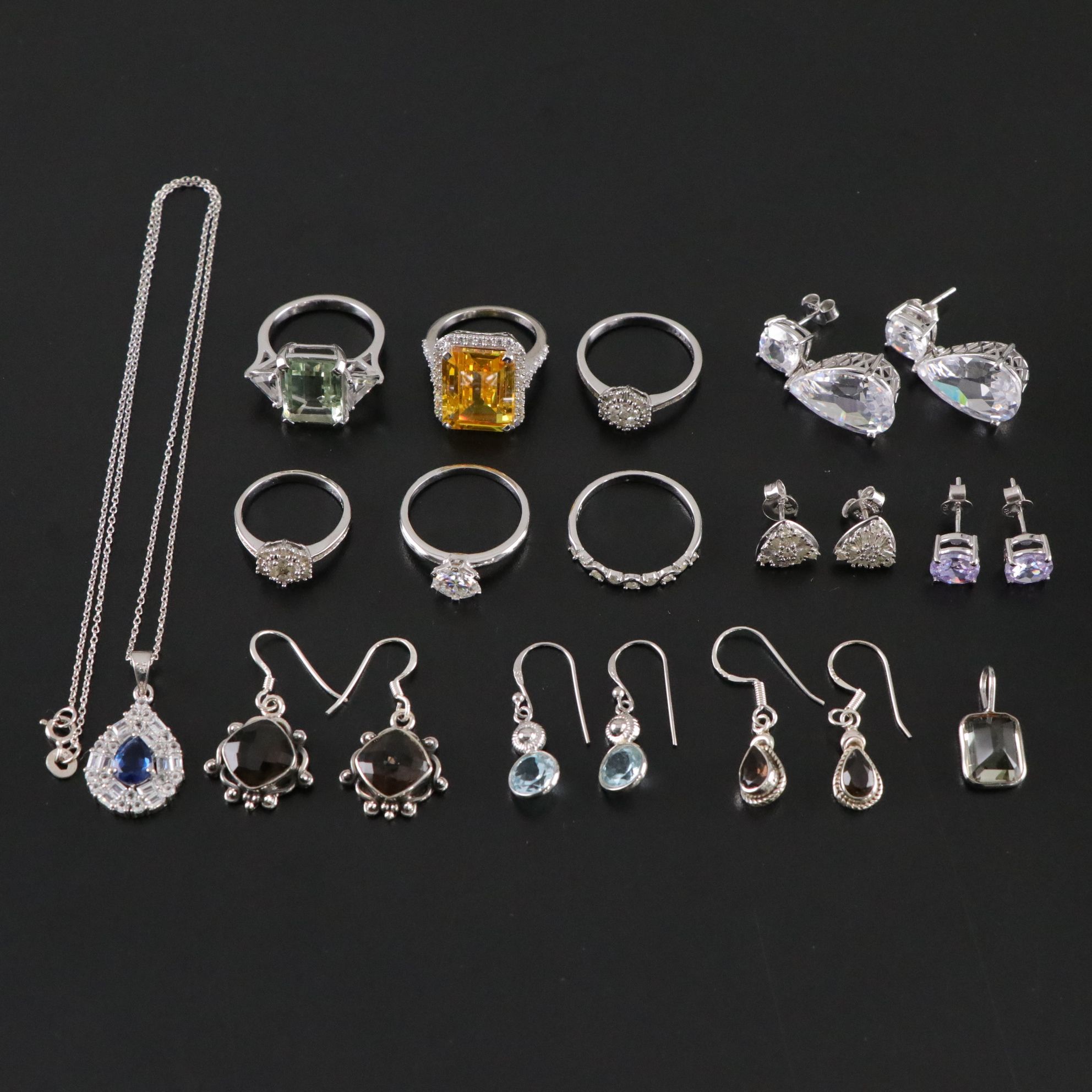 14 Assorted Sterling Silver Rings, Earrings and Necklace