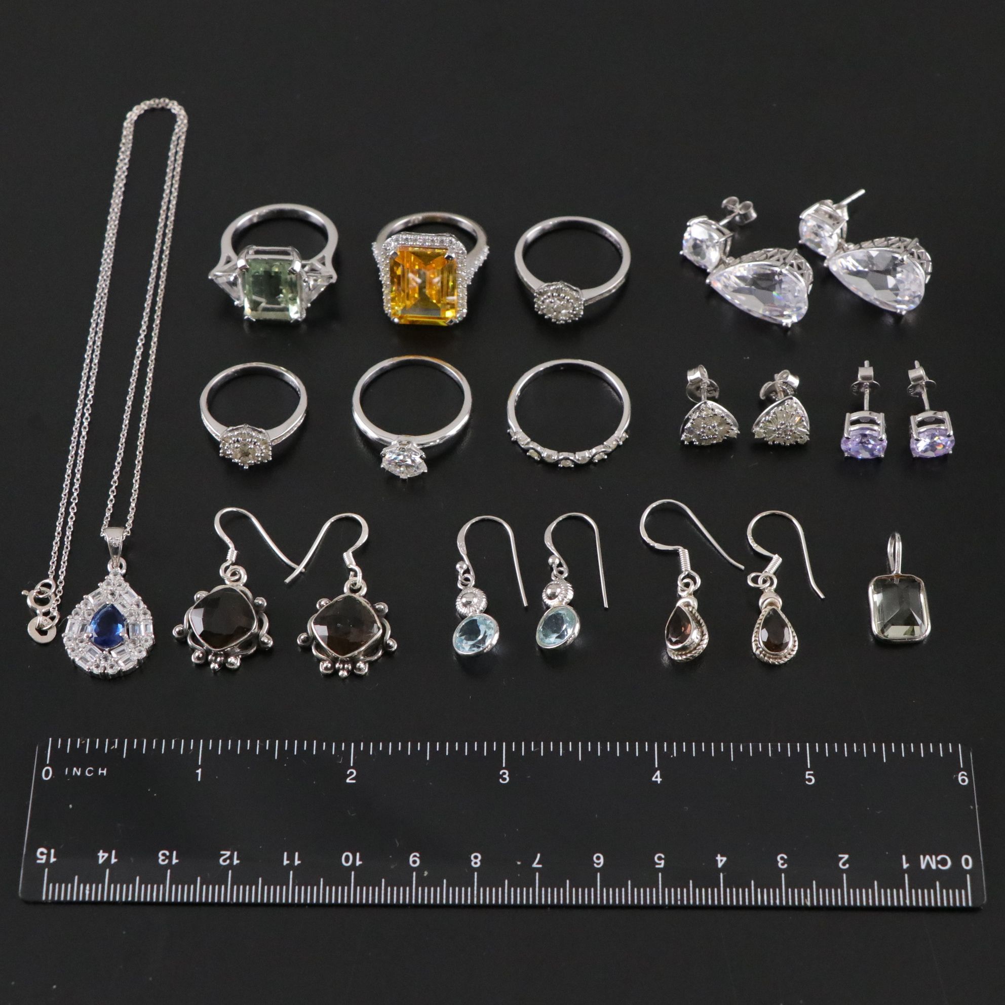 14 Assorted Sterling Silver Rings, Earrings and Necklace