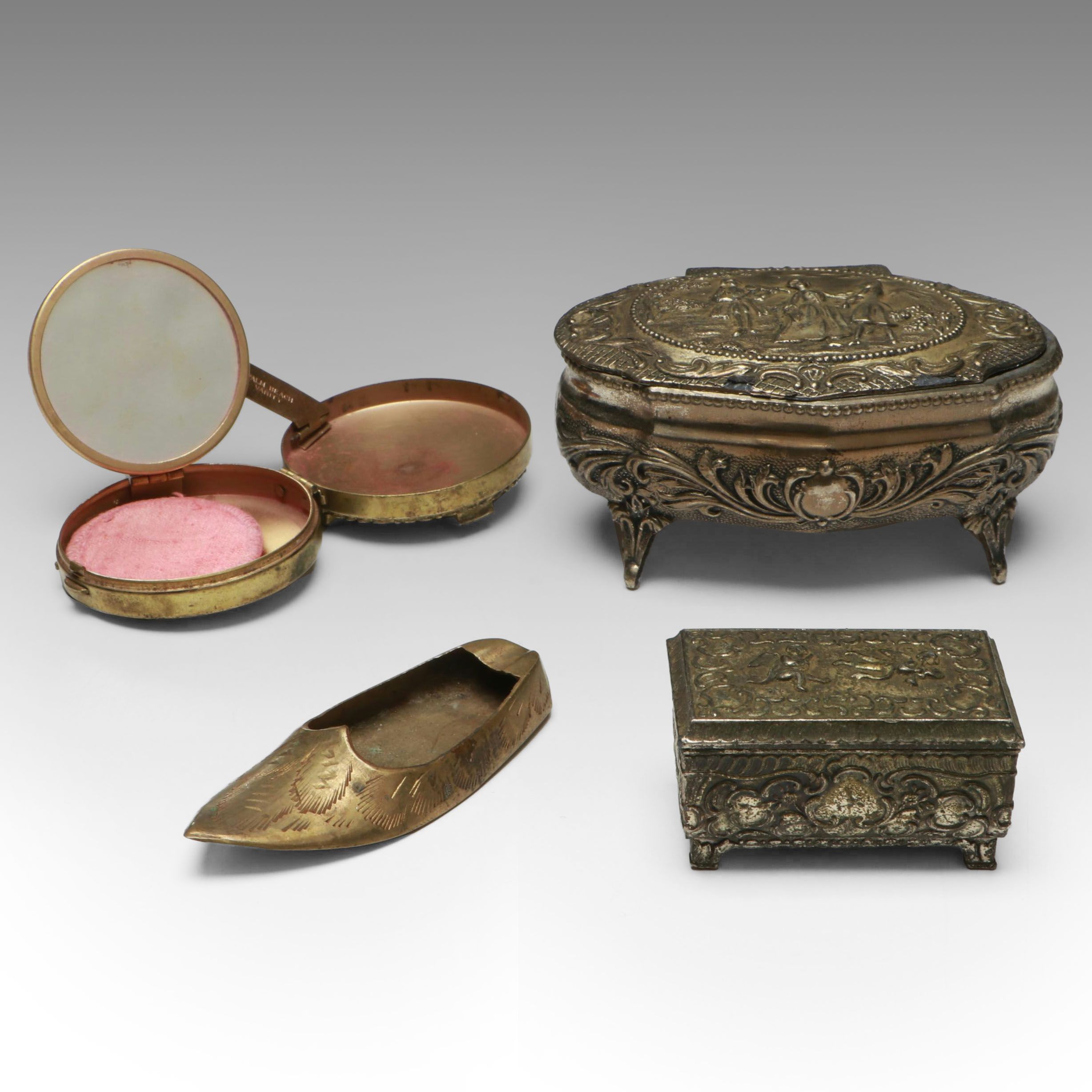 Palm Beach Vanity Embellished Compact with Other Metal Boxes and Ashtray