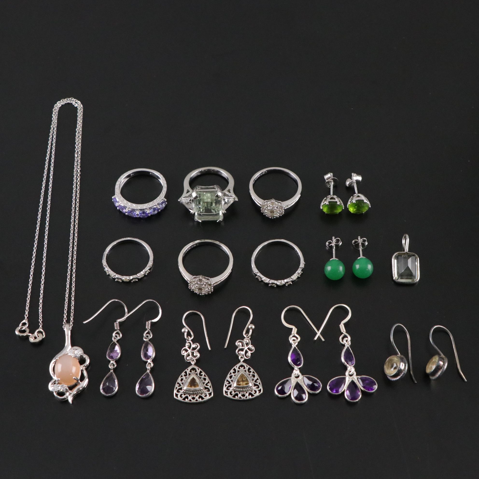 14 Assorted Sterling Silver Rings, Earrings and Necklace