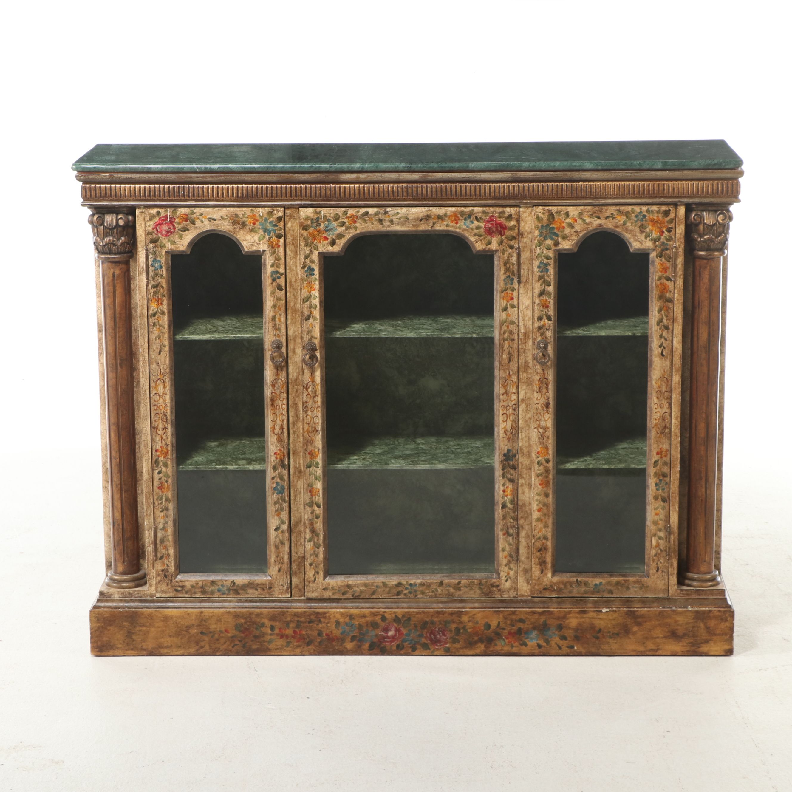 Gustavian Style Paint-Decorated Wooden Glass Front Cabinet, 20th Century