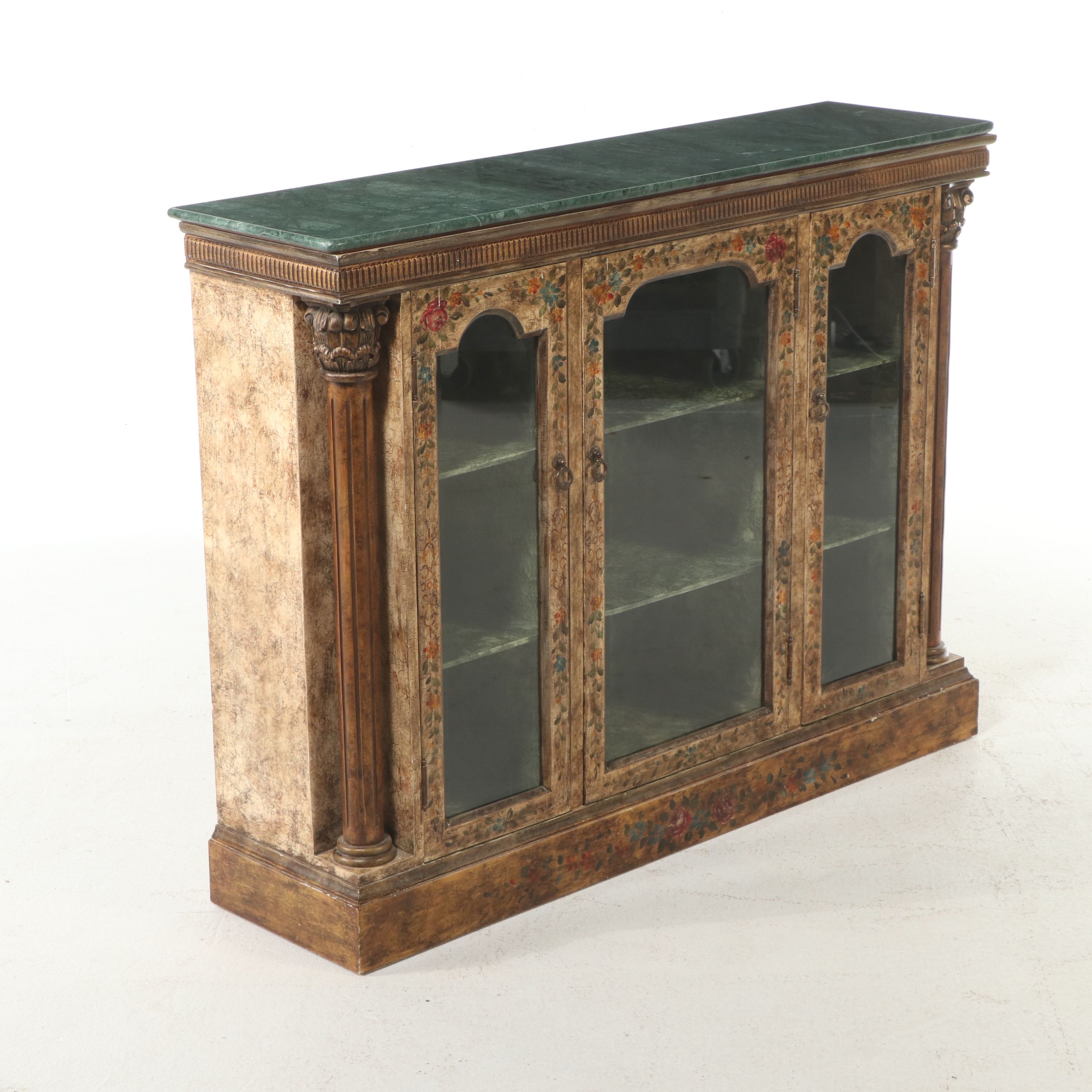 Gustavian Style Paint-Decorated Wooden Glass Front Cabinet, 20th Century