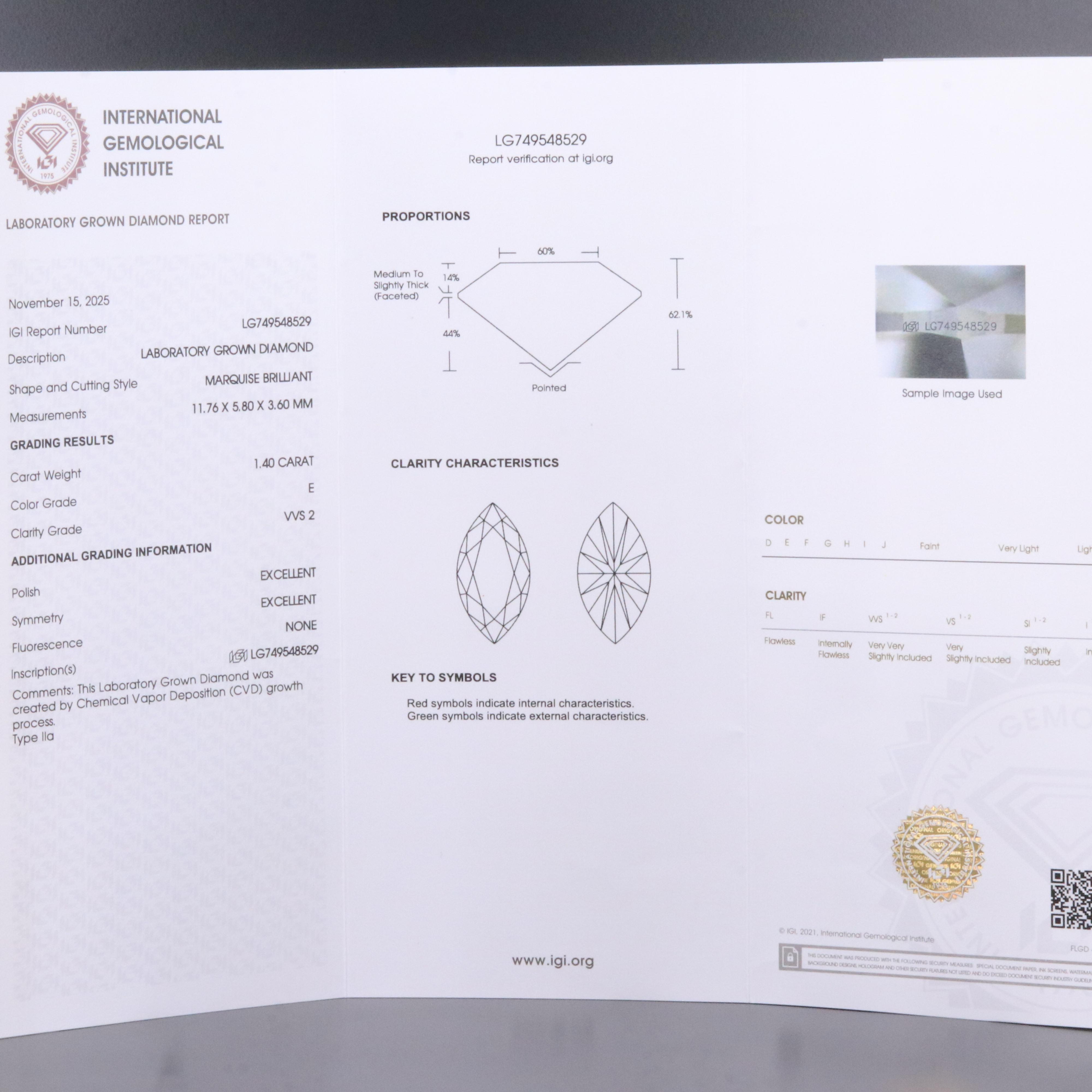 Loose 1.40 CT Lab Grown Diamond with IGI Report