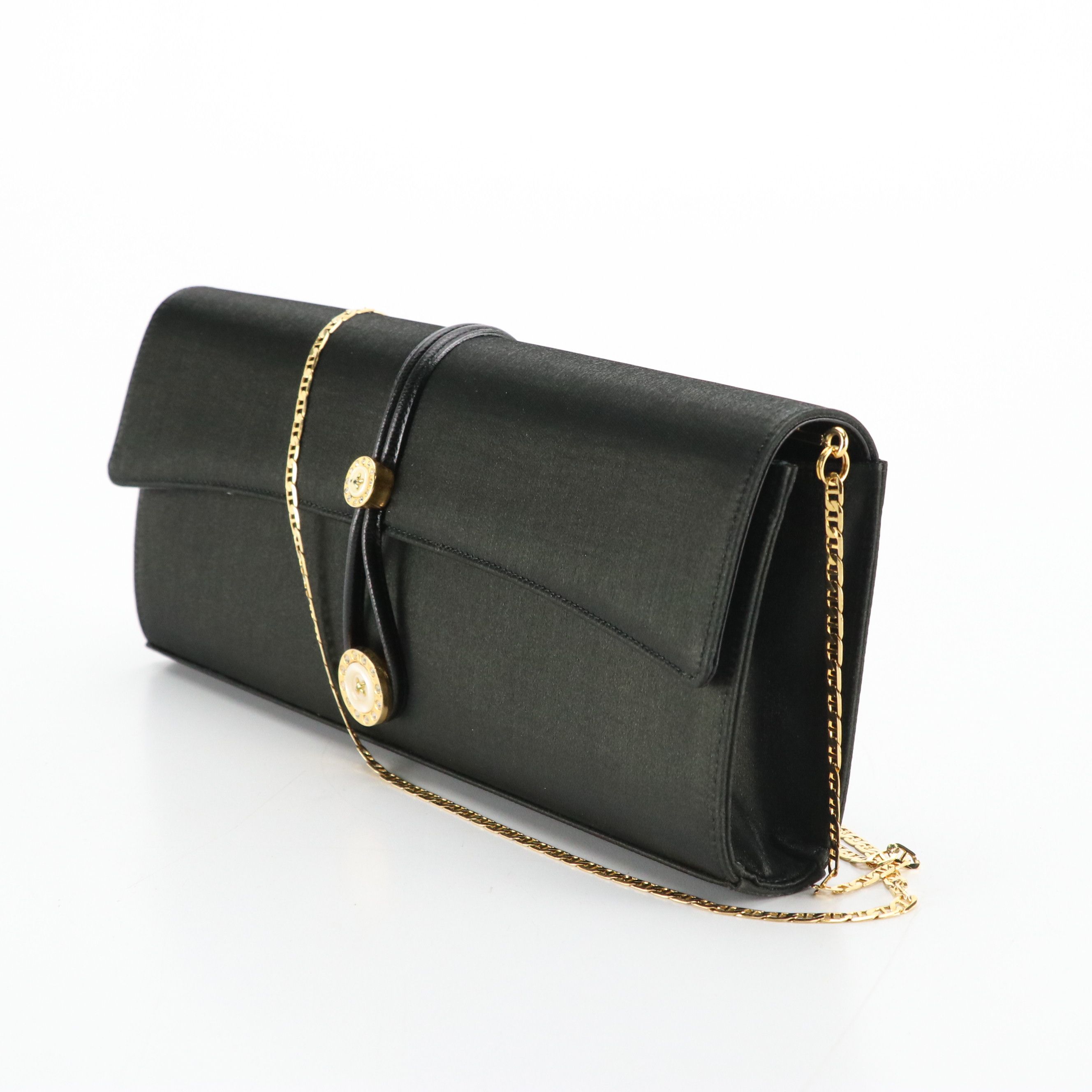 Ginza Kanematsu Vintage Button Embellished Black Satin Evening Clutch, With Box