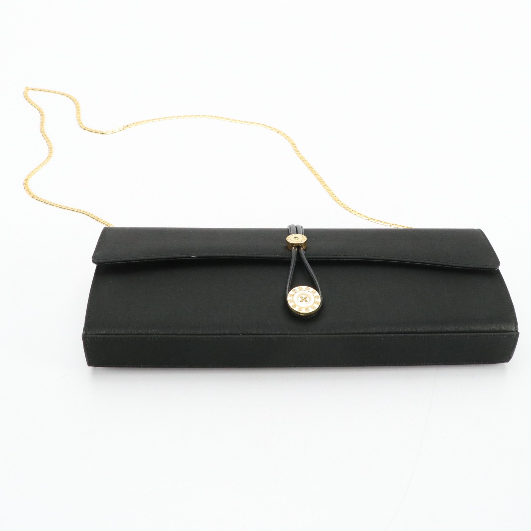 Ginza Kanematsu Vintage Button Embellished Black Satin Evening Clutch, With Box