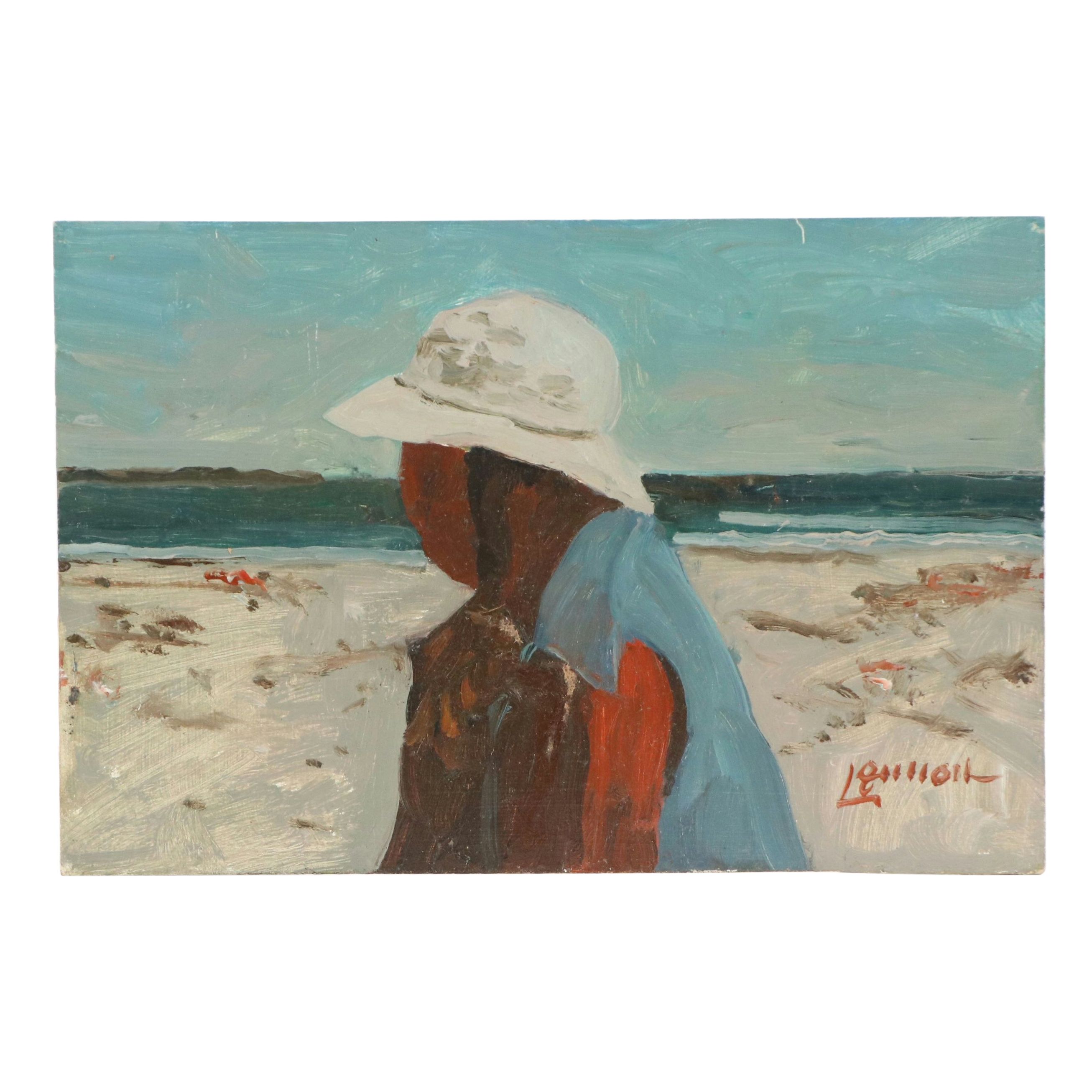 Bernard Lennon Oil Painting Portrait in Coastal Landscape, Mid to Late 20th C.