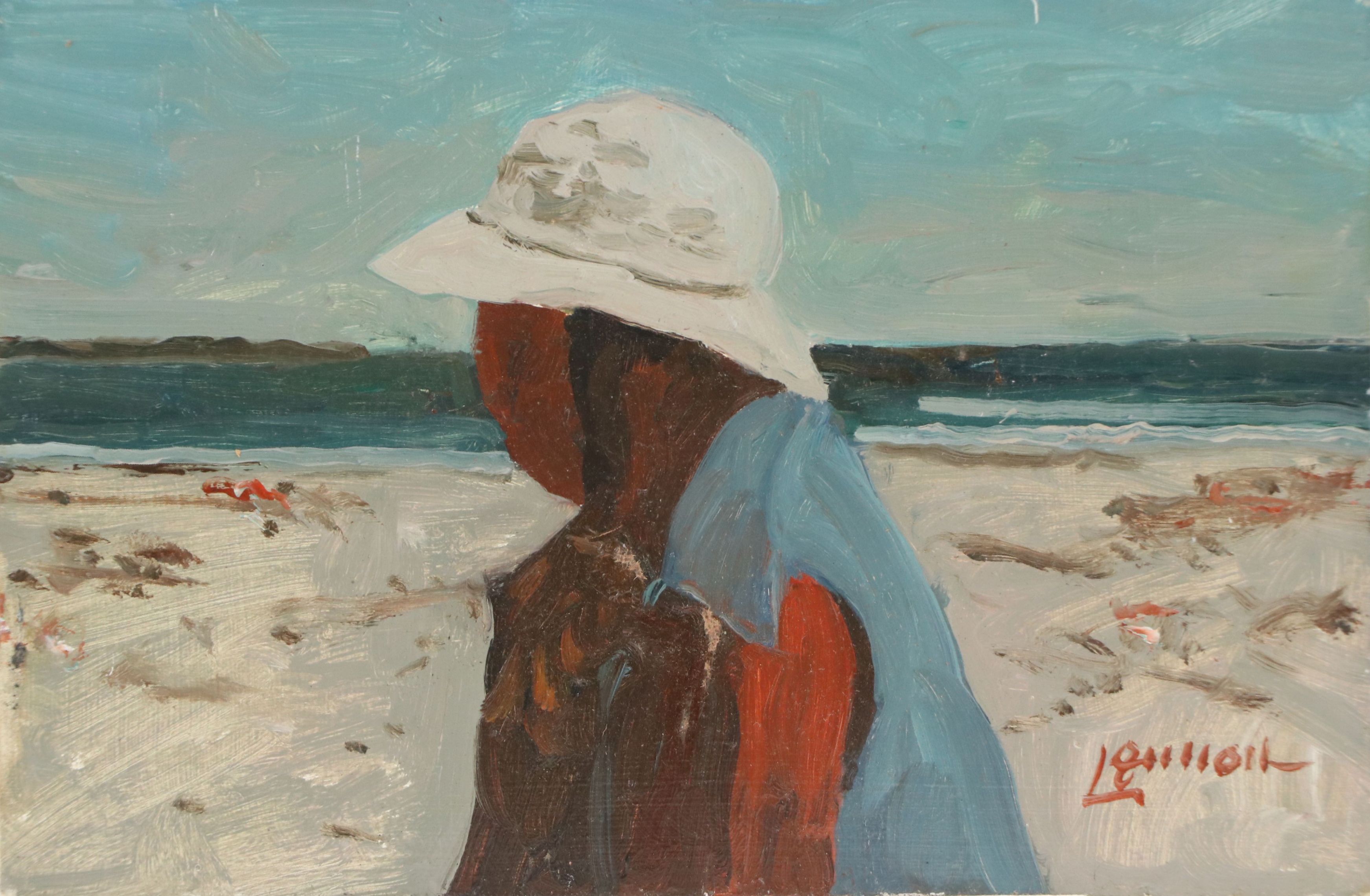 Bernard Lennon Oil Painting Portrait in Coastal Landscape, Mid to Late 20th C.