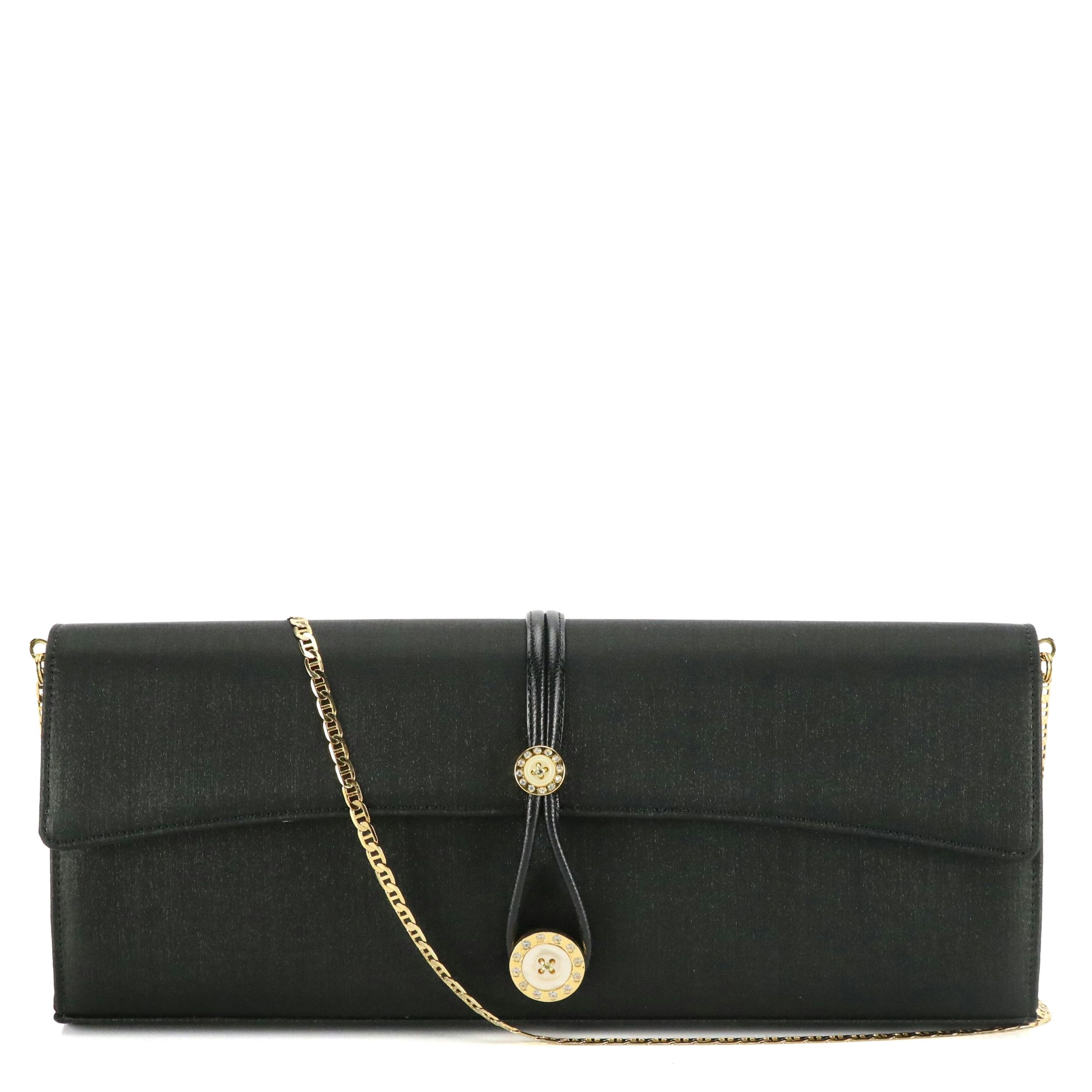Ginza Kanematsu Vintage Button Embellished Black Satin Evening Clutch, With Box