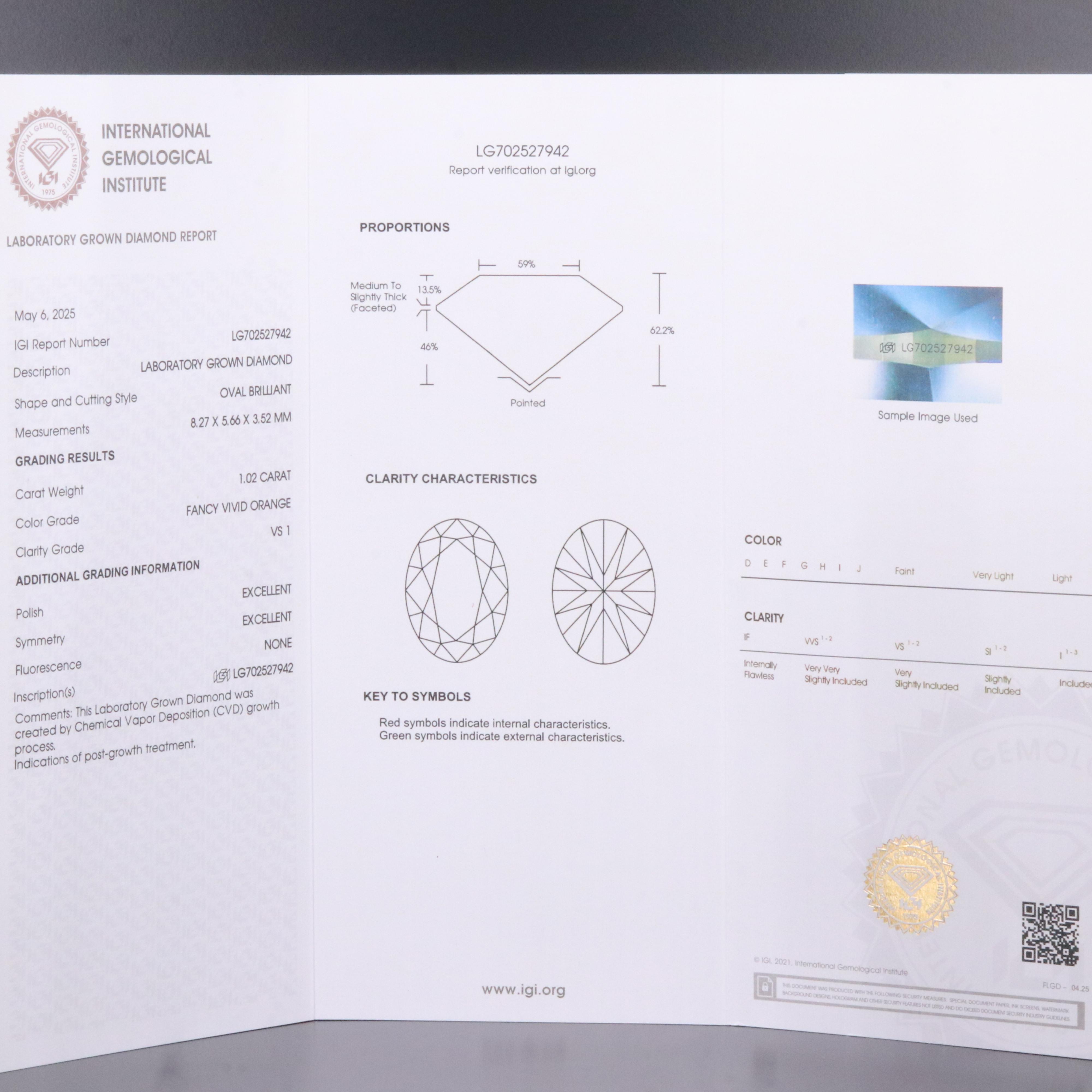 Loose 1.02 CT Lab Grown Fancy Orange Diamond with IGI Report