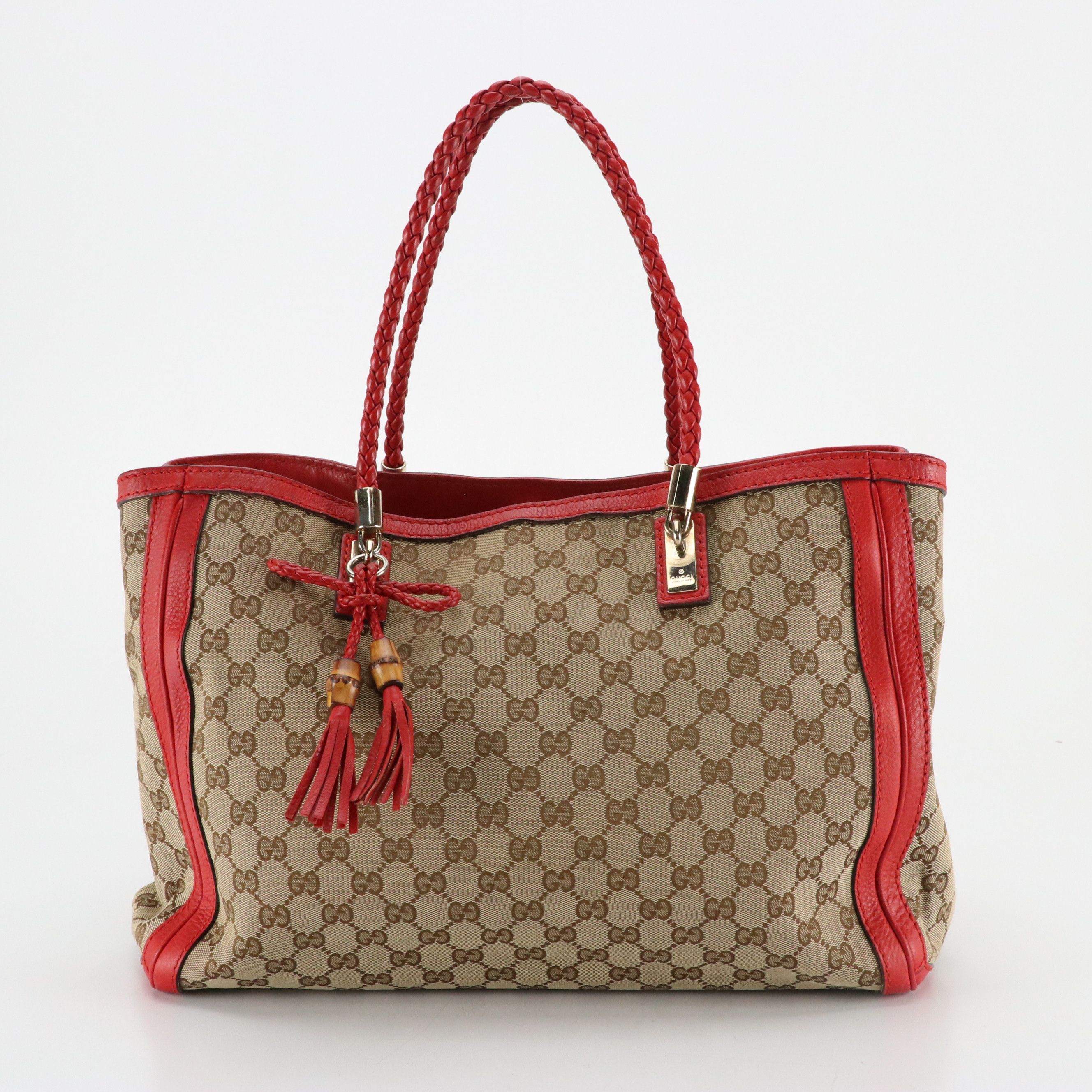 Gucci Large Bella Tote in GG Canvas and Red Leather with Bamboo Accents