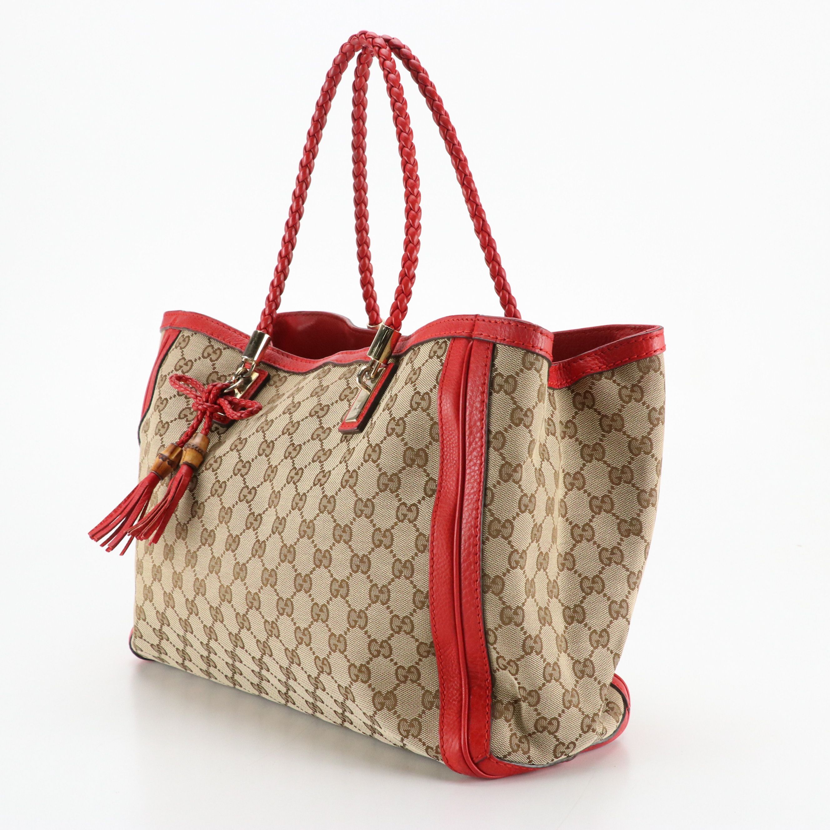 Gucci Large Bella Tote in GG Canvas and Red Leather with Bamboo Accents