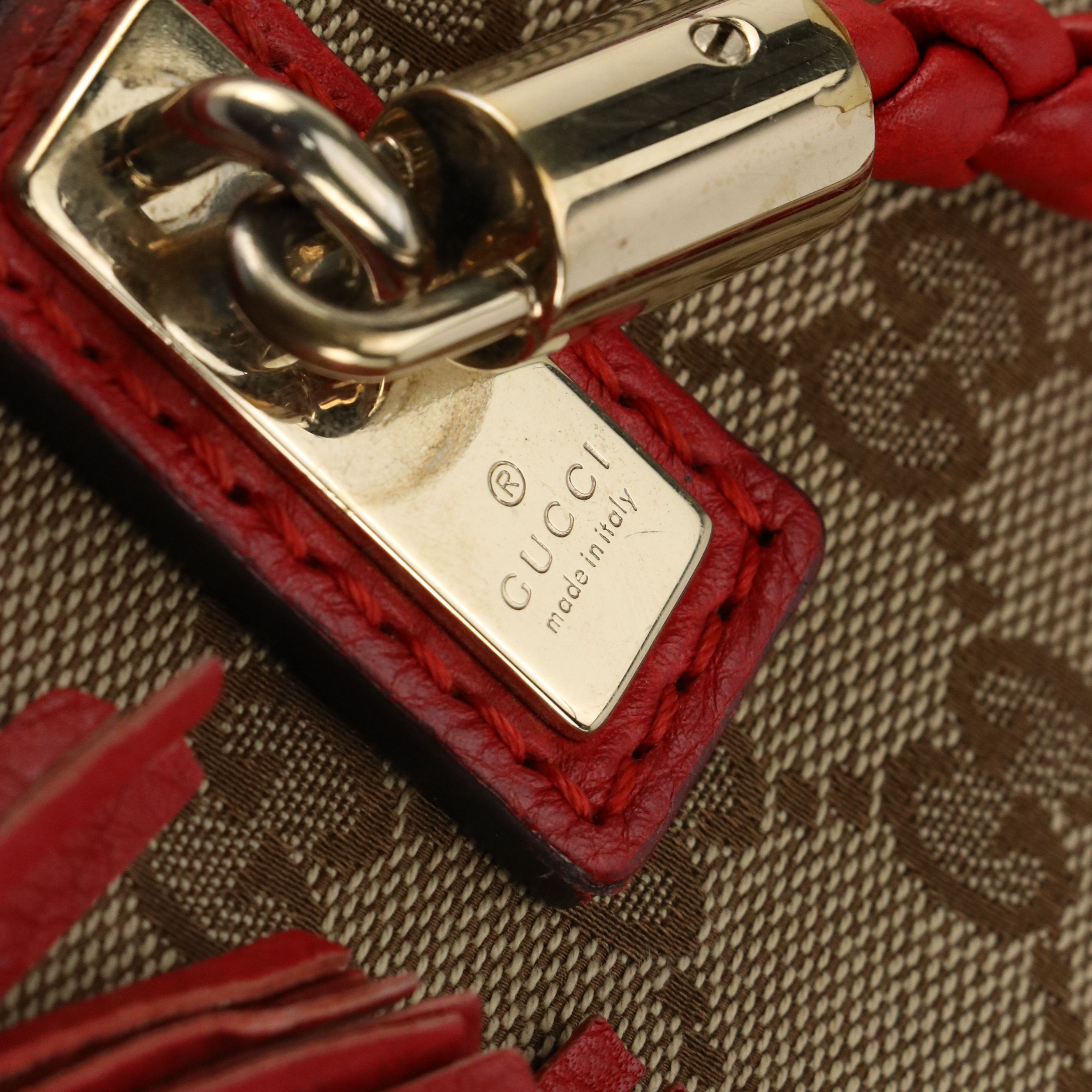 Gucci Large Bella Tote in GG Canvas and Red Leather with Bamboo Accents