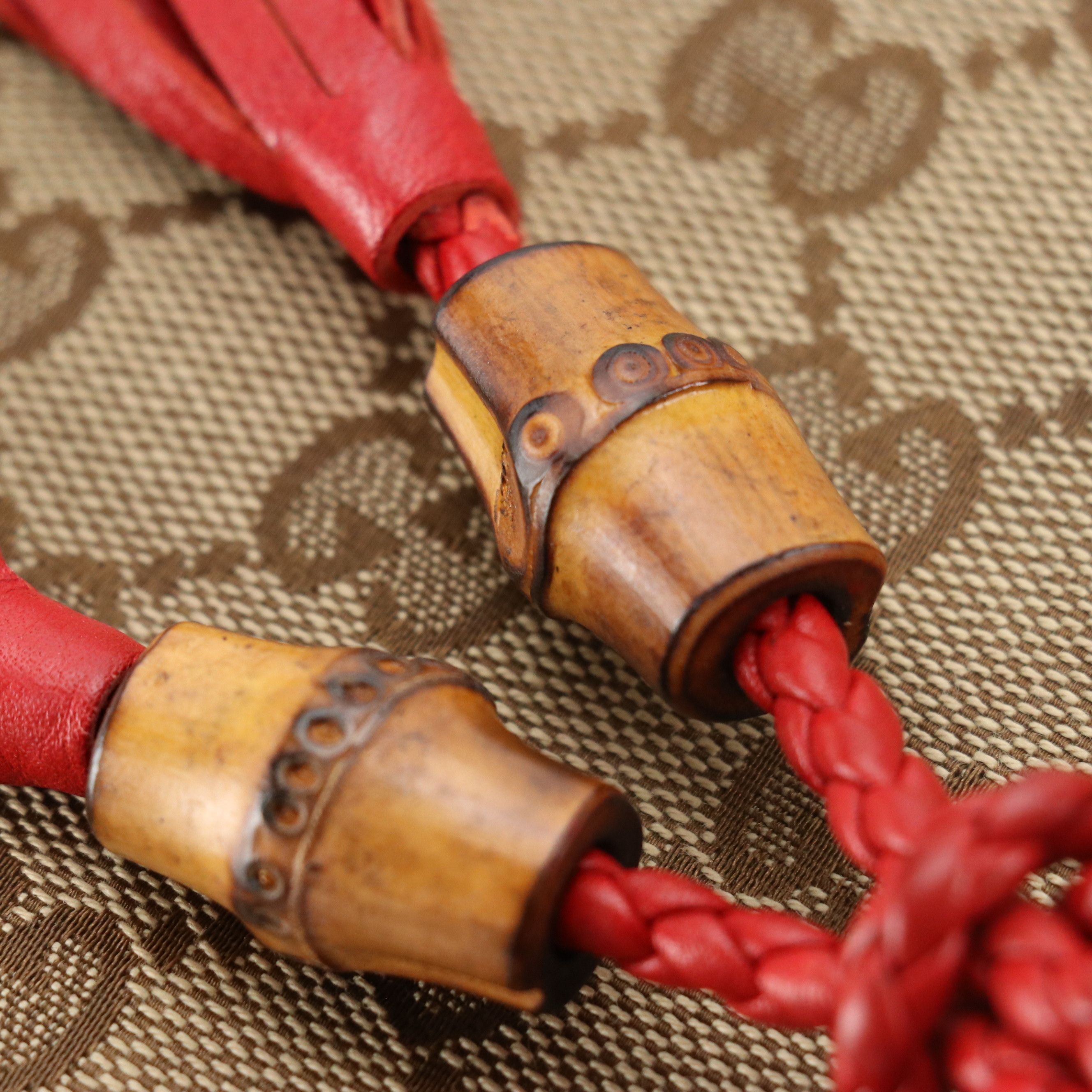 Gucci Large Bella Tote in GG Canvas and Red Leather with Bamboo Accents