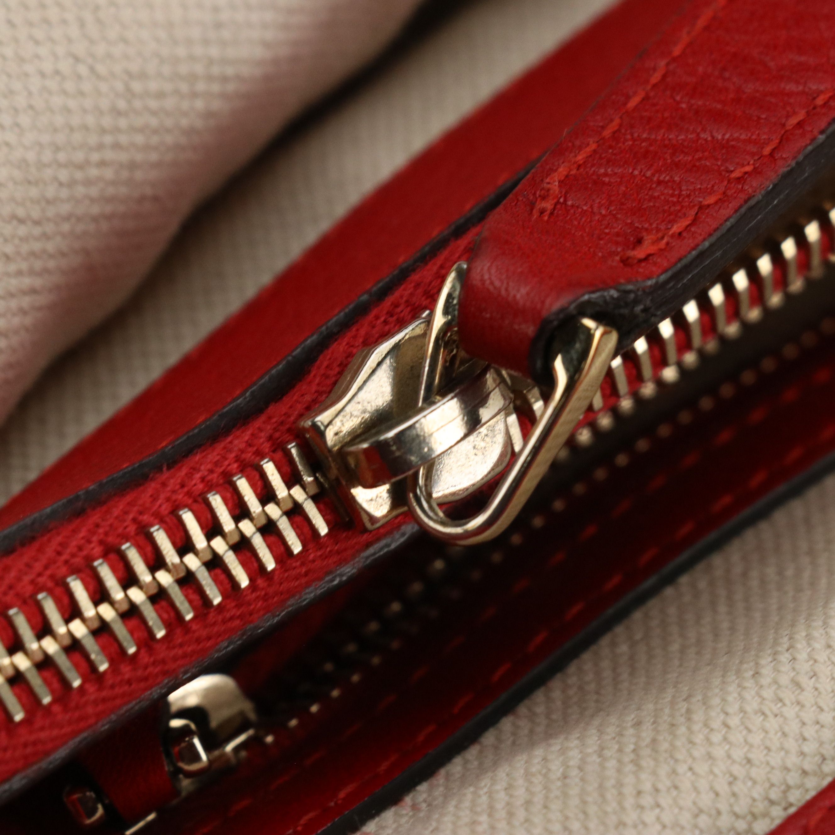 Gucci Large Bella Tote in GG Canvas and Red Leather with Bamboo Accents