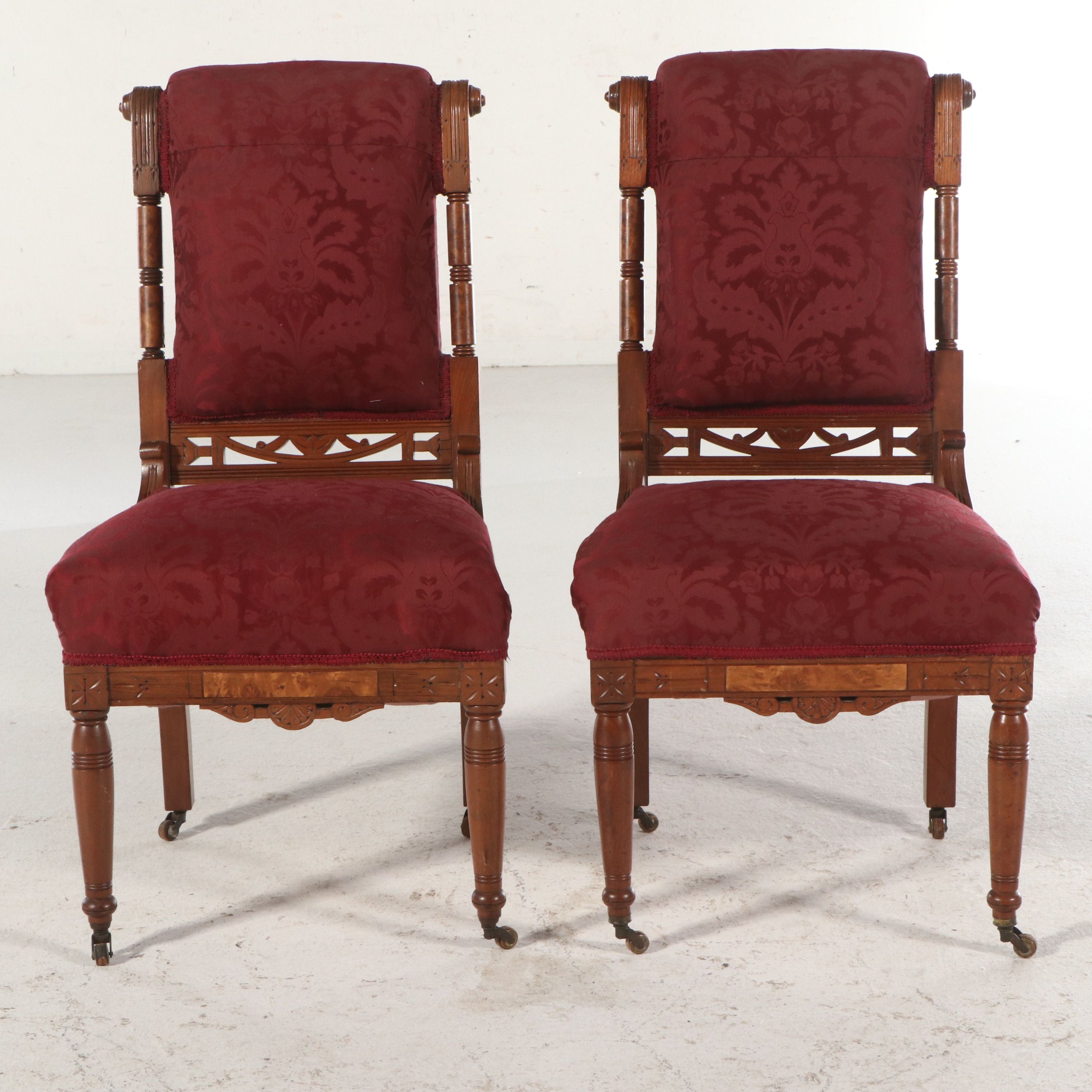 Pair of Eastlake Style Carved Mahogany and Burl Side Damask Upholstered Chairs