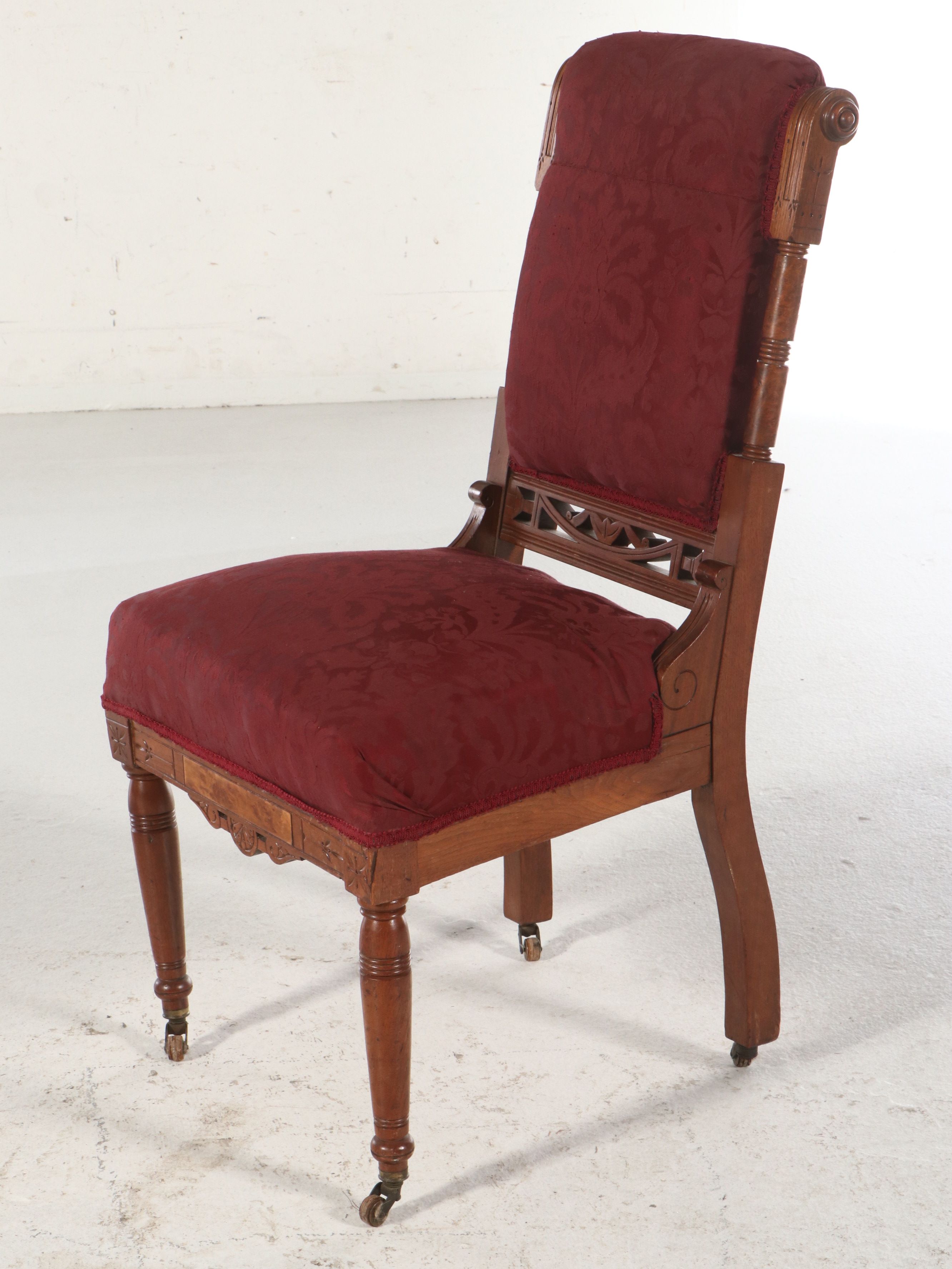 Pair of Eastlake Style Carved Mahogany and Burl Side Damask Upholstered Chairs