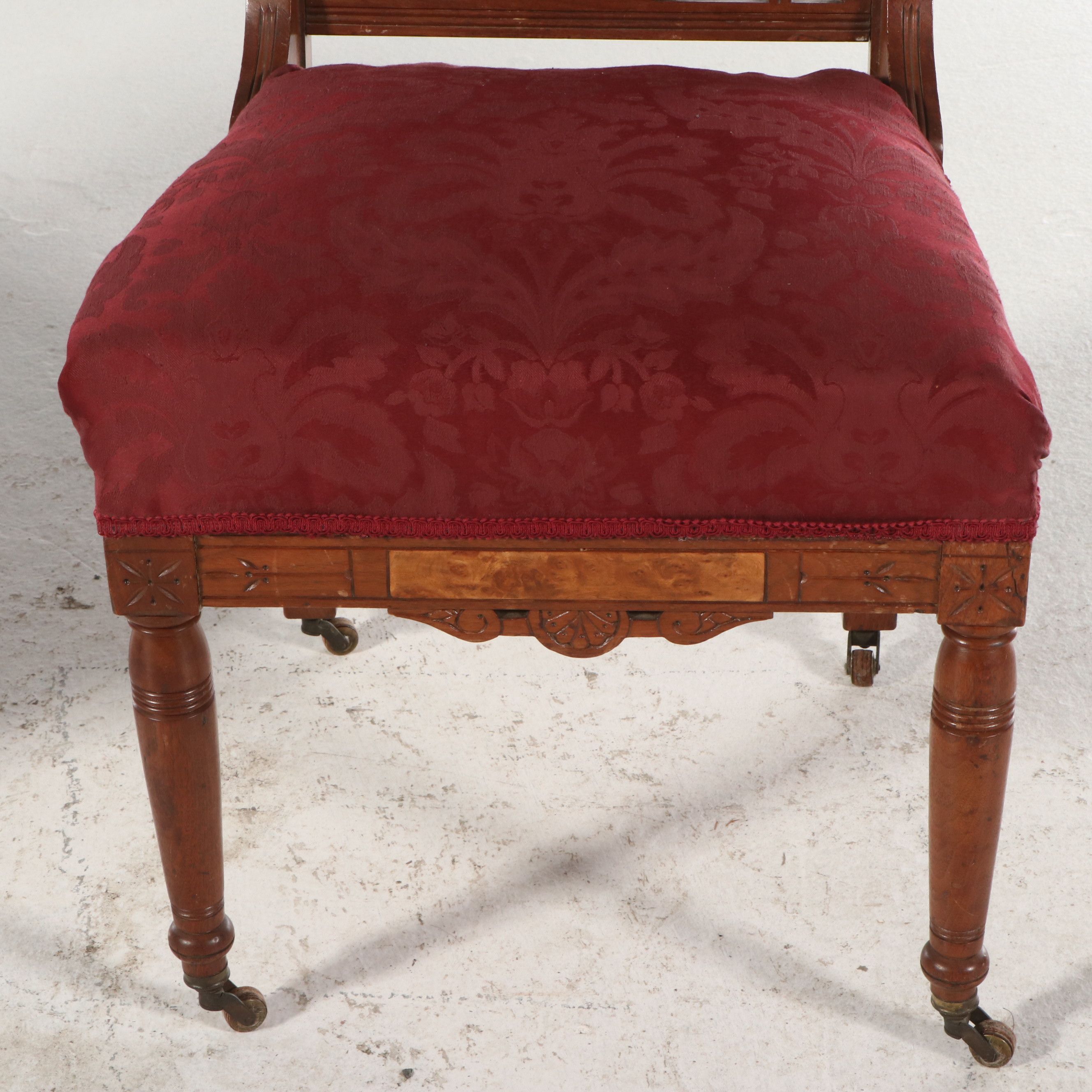 Pair of Eastlake Style Carved Mahogany and Burl Side Damask Upholstered Chairs