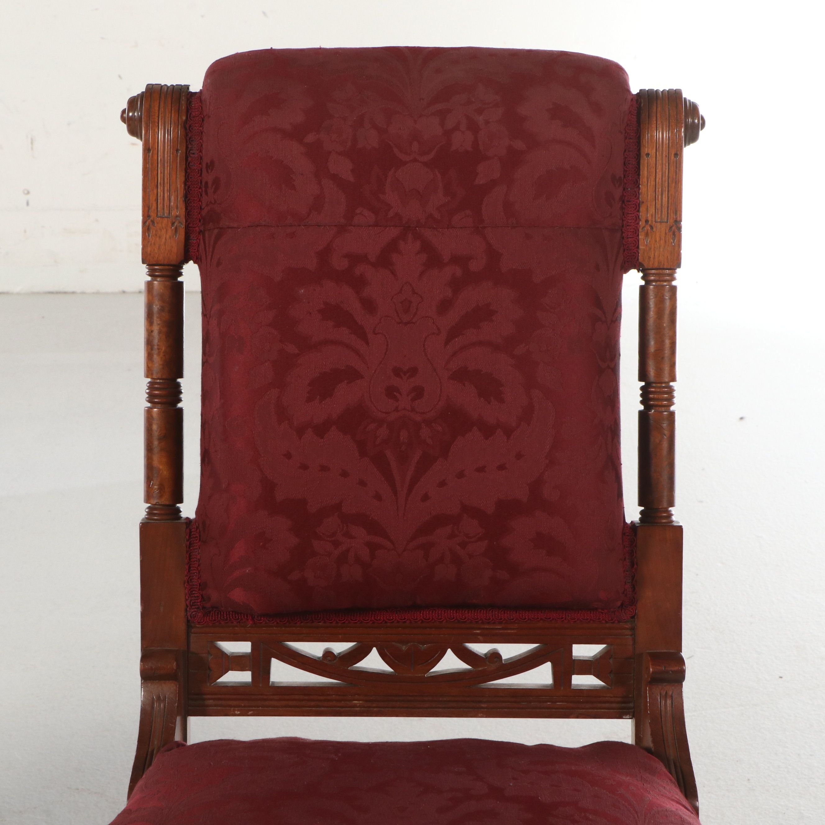 Pair of Eastlake Style Carved Mahogany and Burl Side Damask Upholstered Chairs