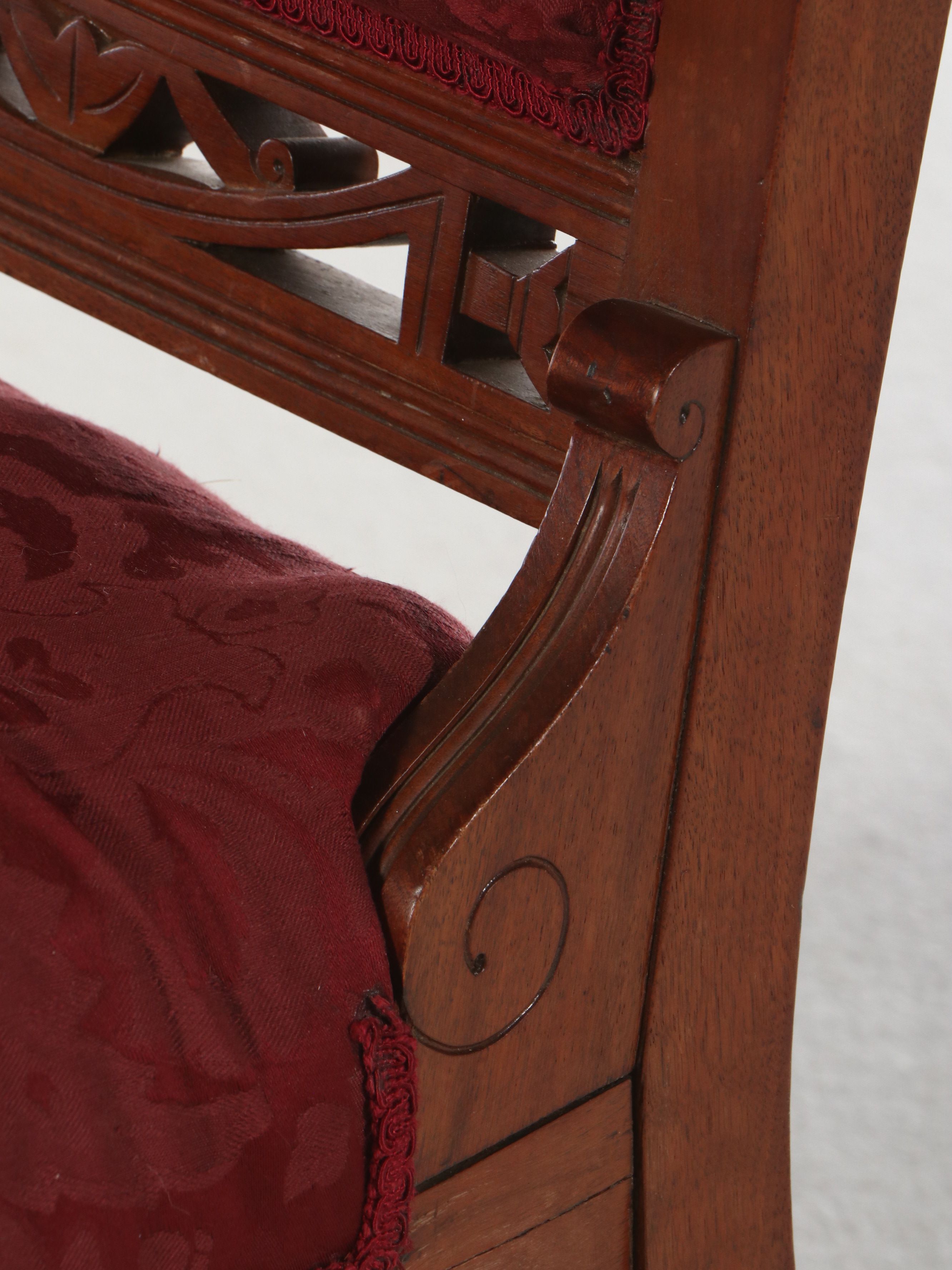 Pair of Eastlake Style Carved Mahogany and Burl Side Damask Upholstered Chairs