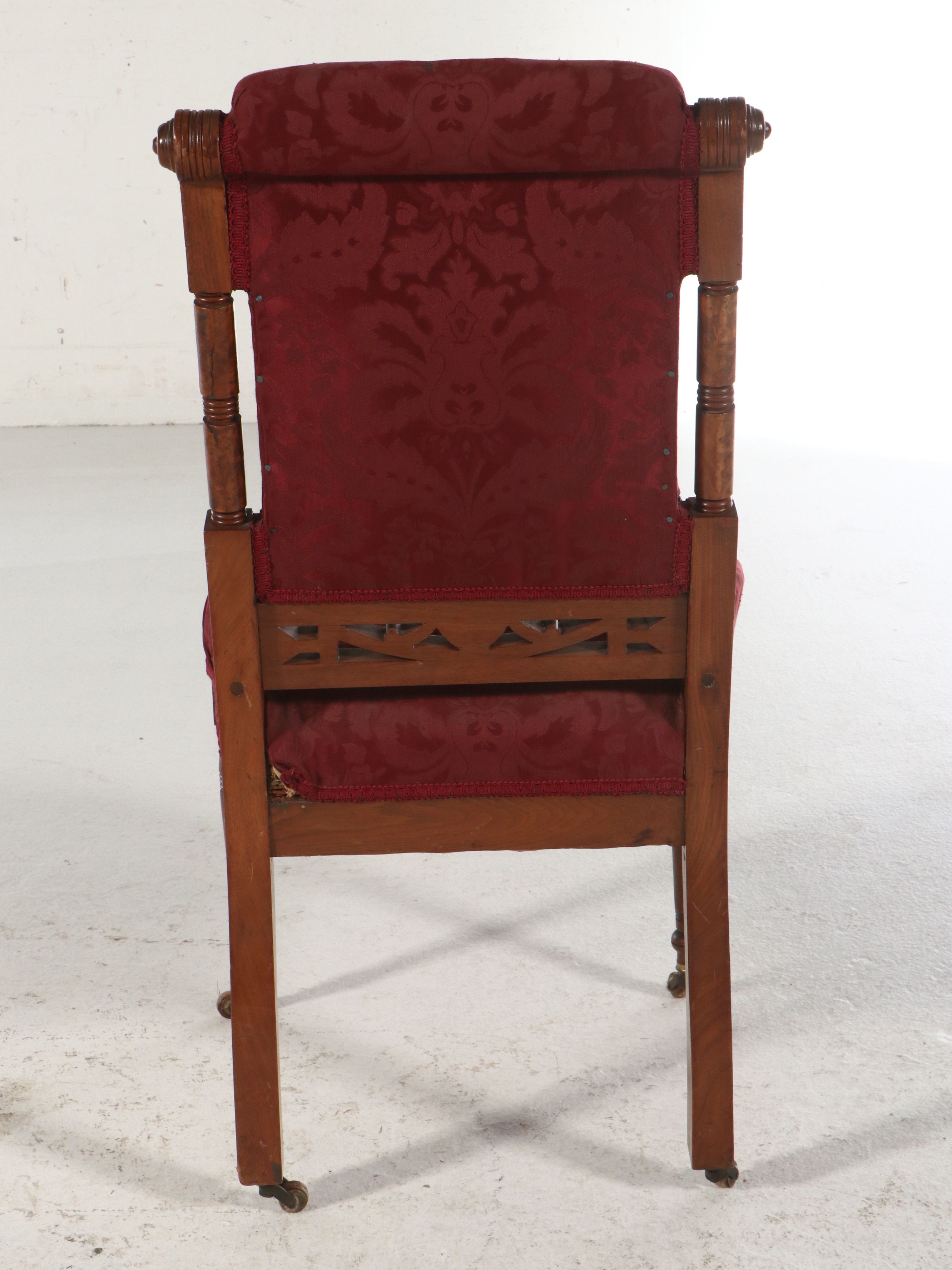 Pair of Eastlake Style Carved Mahogany and Burl Side Damask Upholstered Chairs
