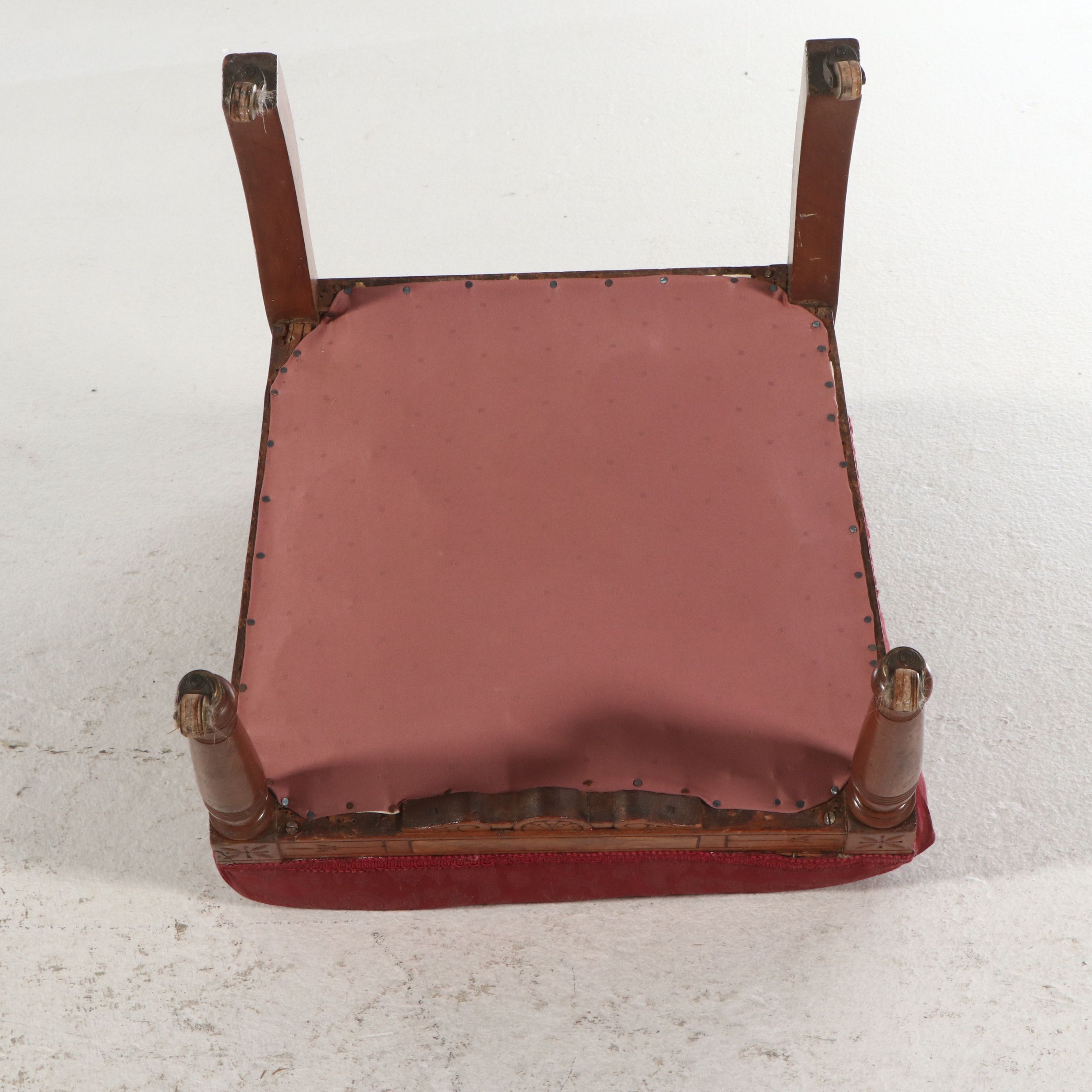 Pair of Eastlake Style Carved Mahogany and Burl Side Damask Upholstered Chairs