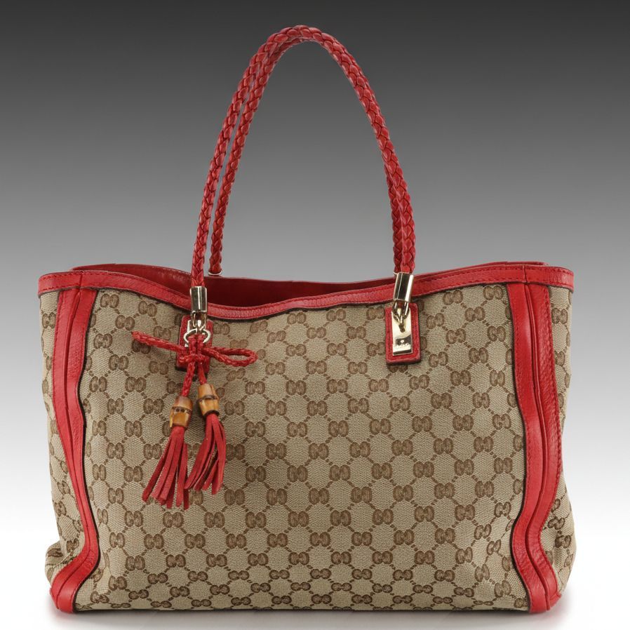 Gucci Large Bella Tote in GG Canvas and Red Leather with Bamboo Accents