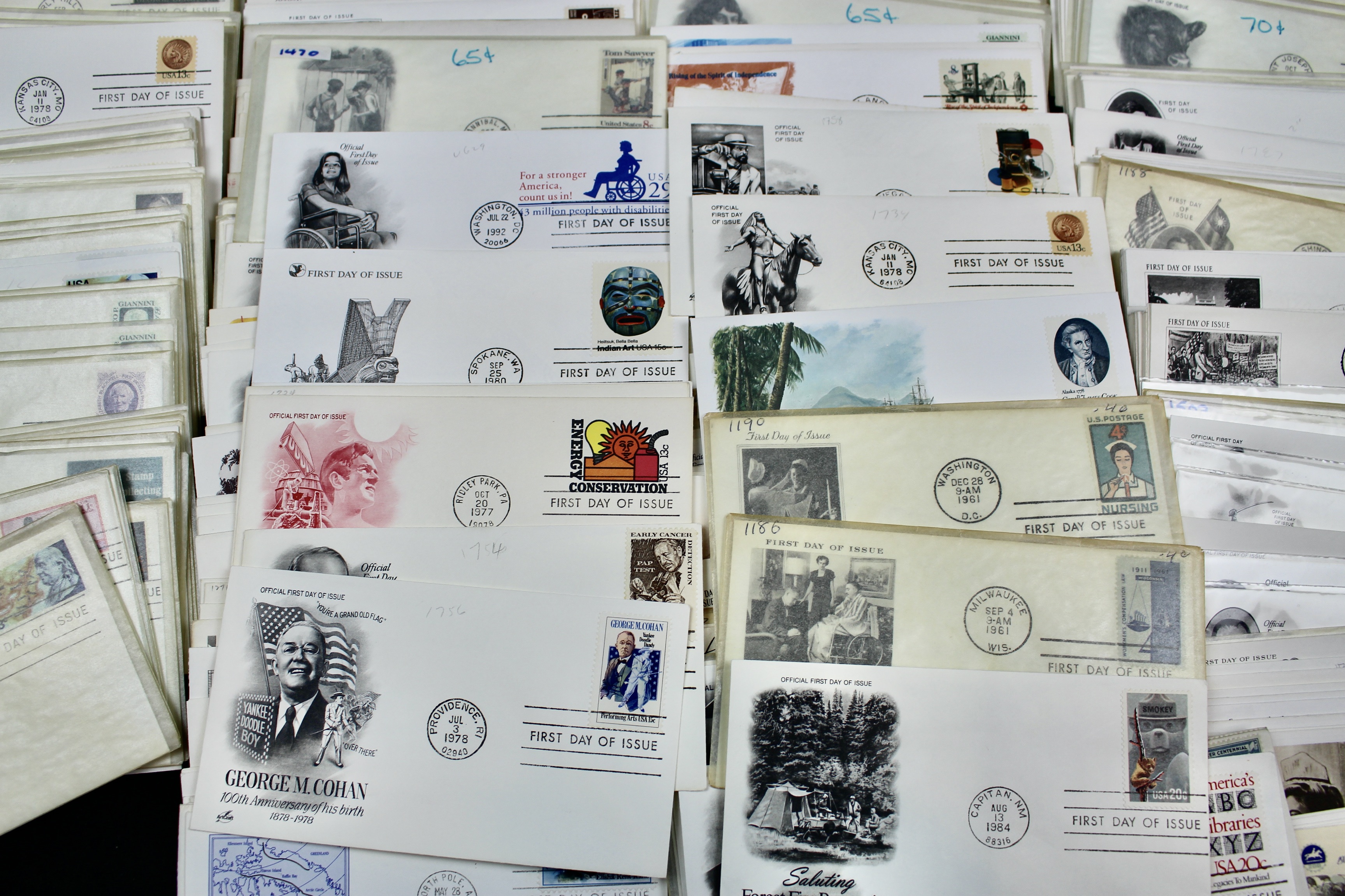 350 U.S. First Day Covers, All with Cachets, Unaddressed