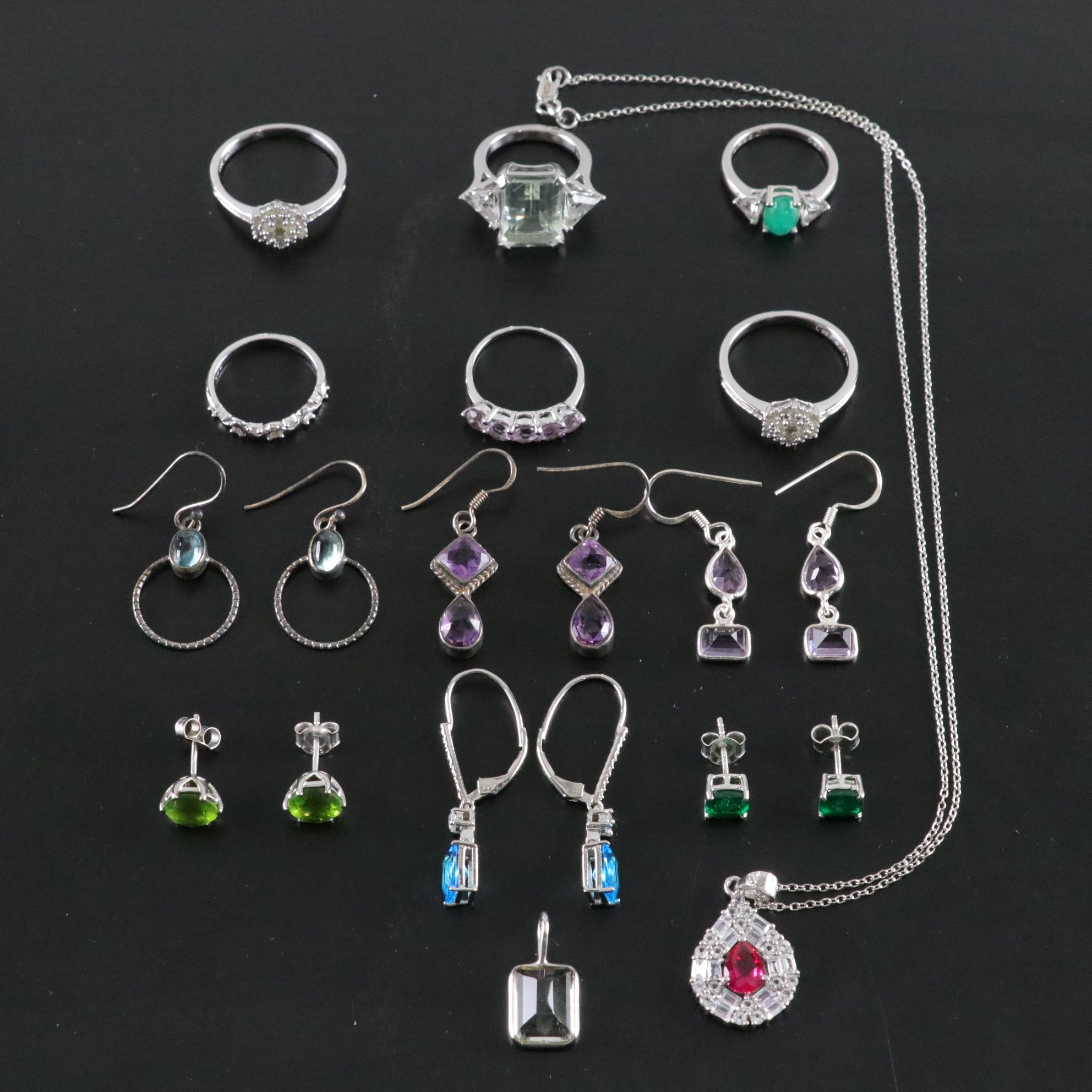 14 Assorted Sterling Silver Rings, Necklaces, Earrings, and Pendants