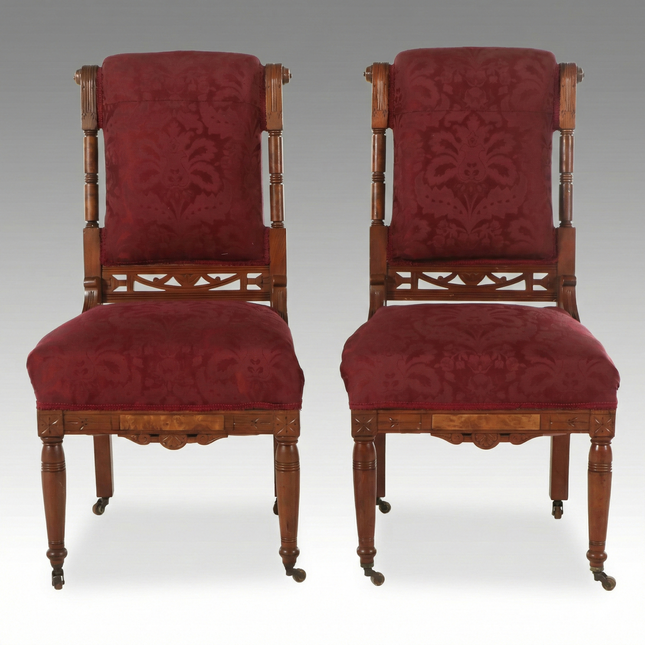 Pair of Eastlake Style Carved Mahogany and Burl Side Damask Upholstered Chairs