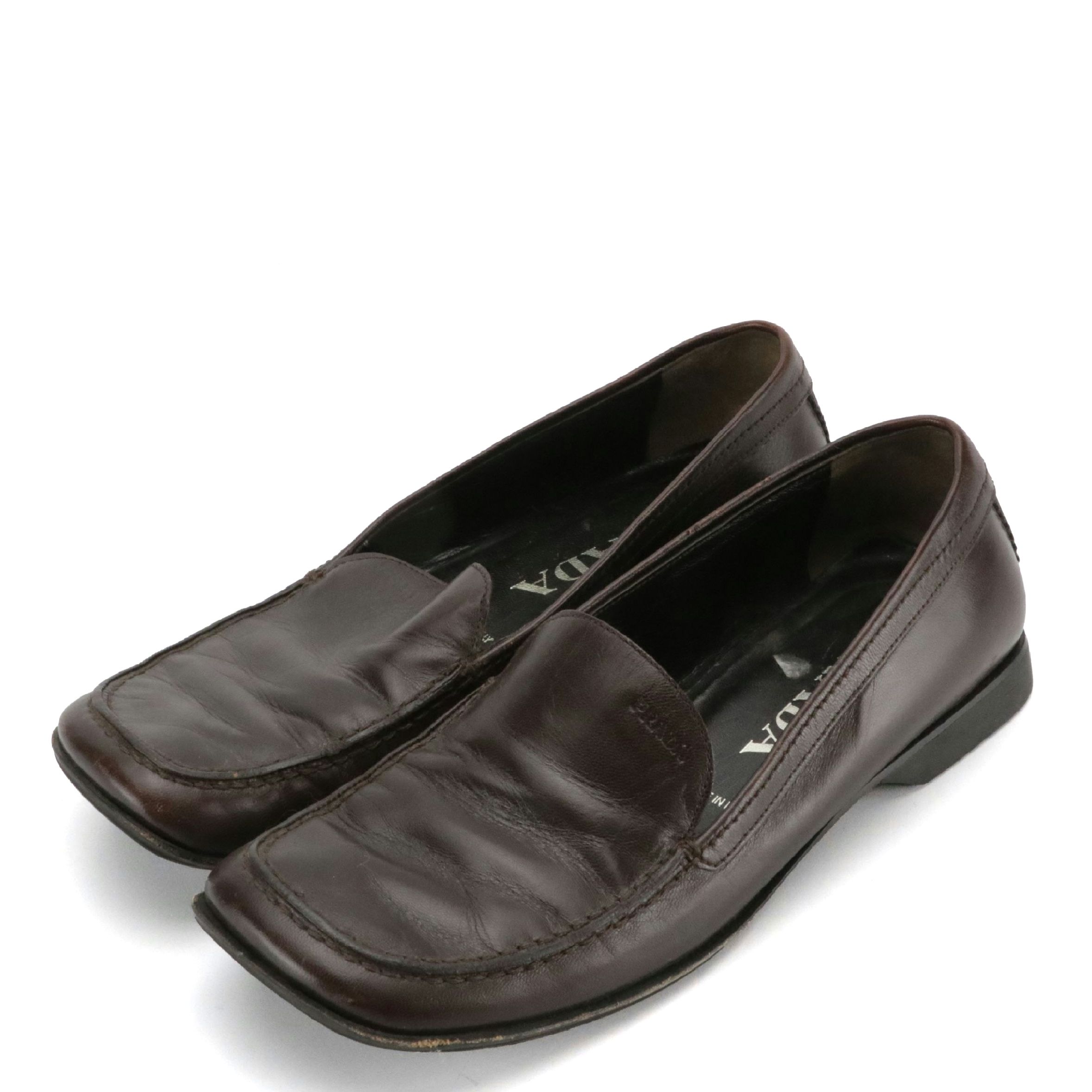 Prada Square-Toe Loafers in Chocolate Brown Calfskin Leather