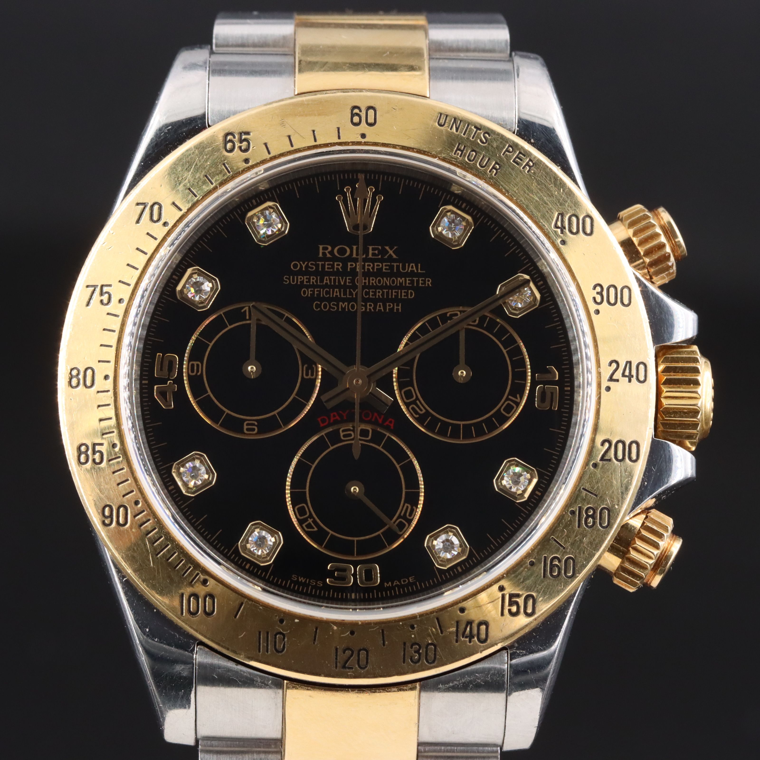 2000 Rolex Cosmograph Daytona  Black Serti Diamond Dial Two Tone 116523 Watch
