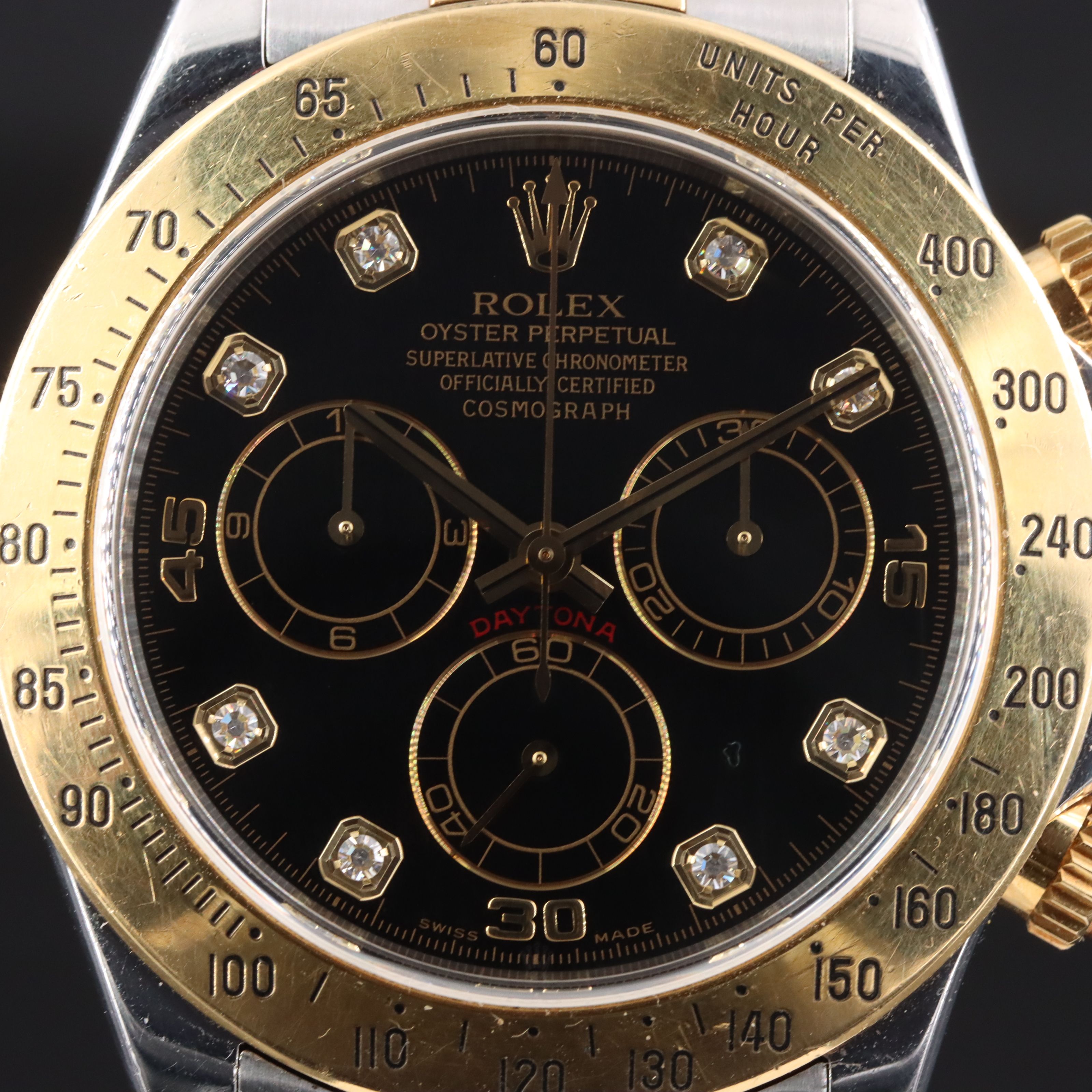 2000 Rolex Cosmograph Daytona  Black Serti Diamond Dial Two Tone 116523 Watch