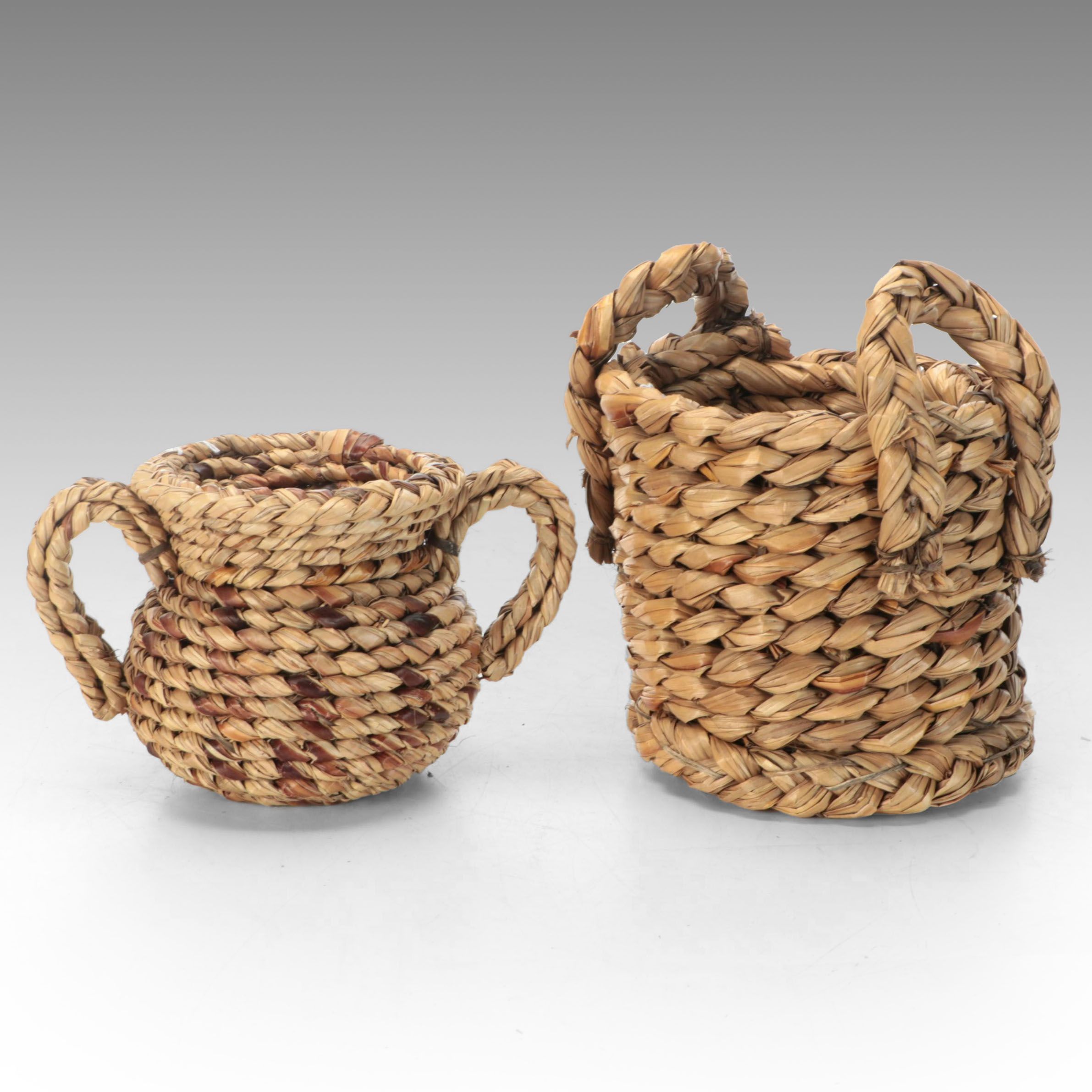 South African Zulu Peoples Woven Ilala Palm Handled Basketry Vessels