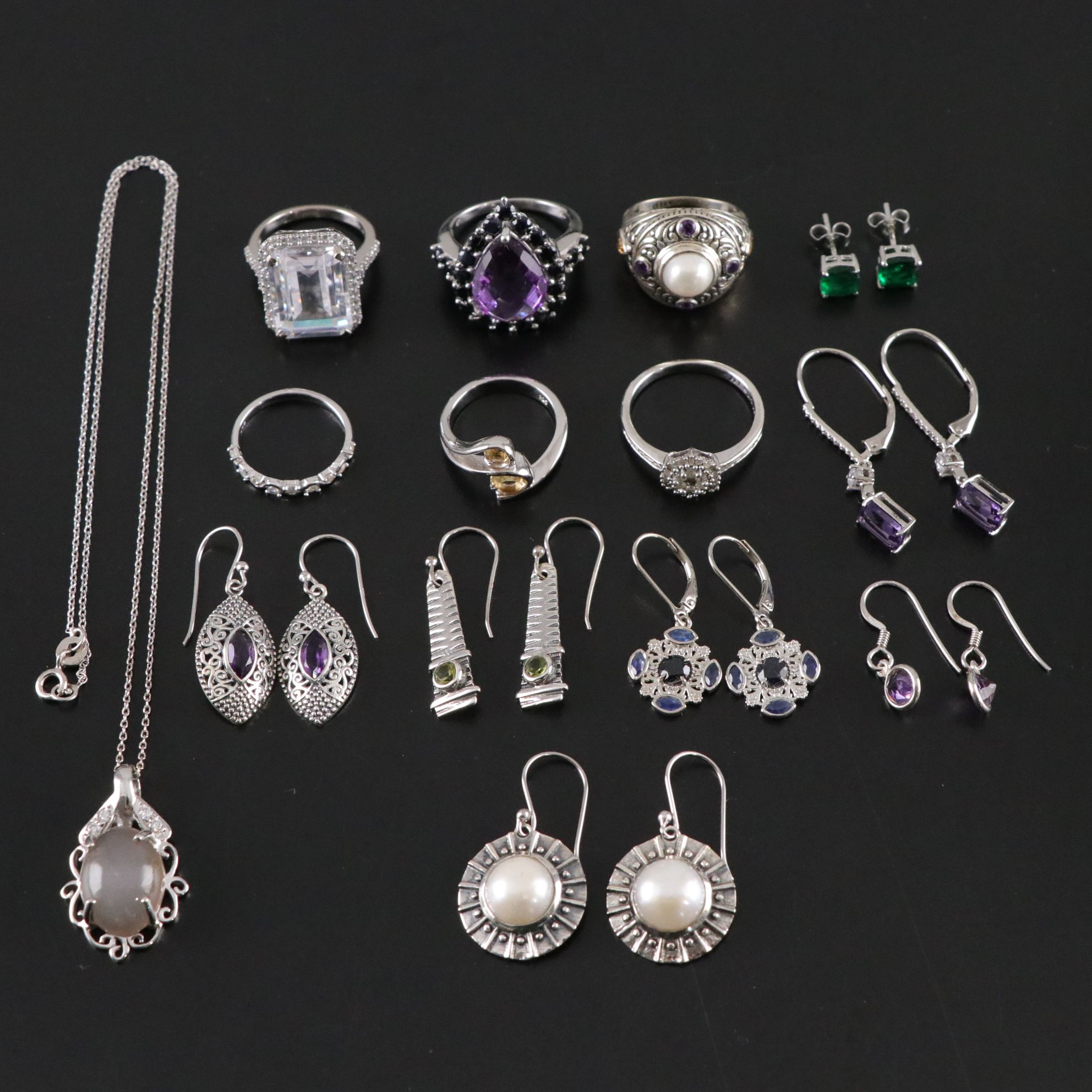 14 Assorted Sterling Silver Rings, Earrings and Necklace