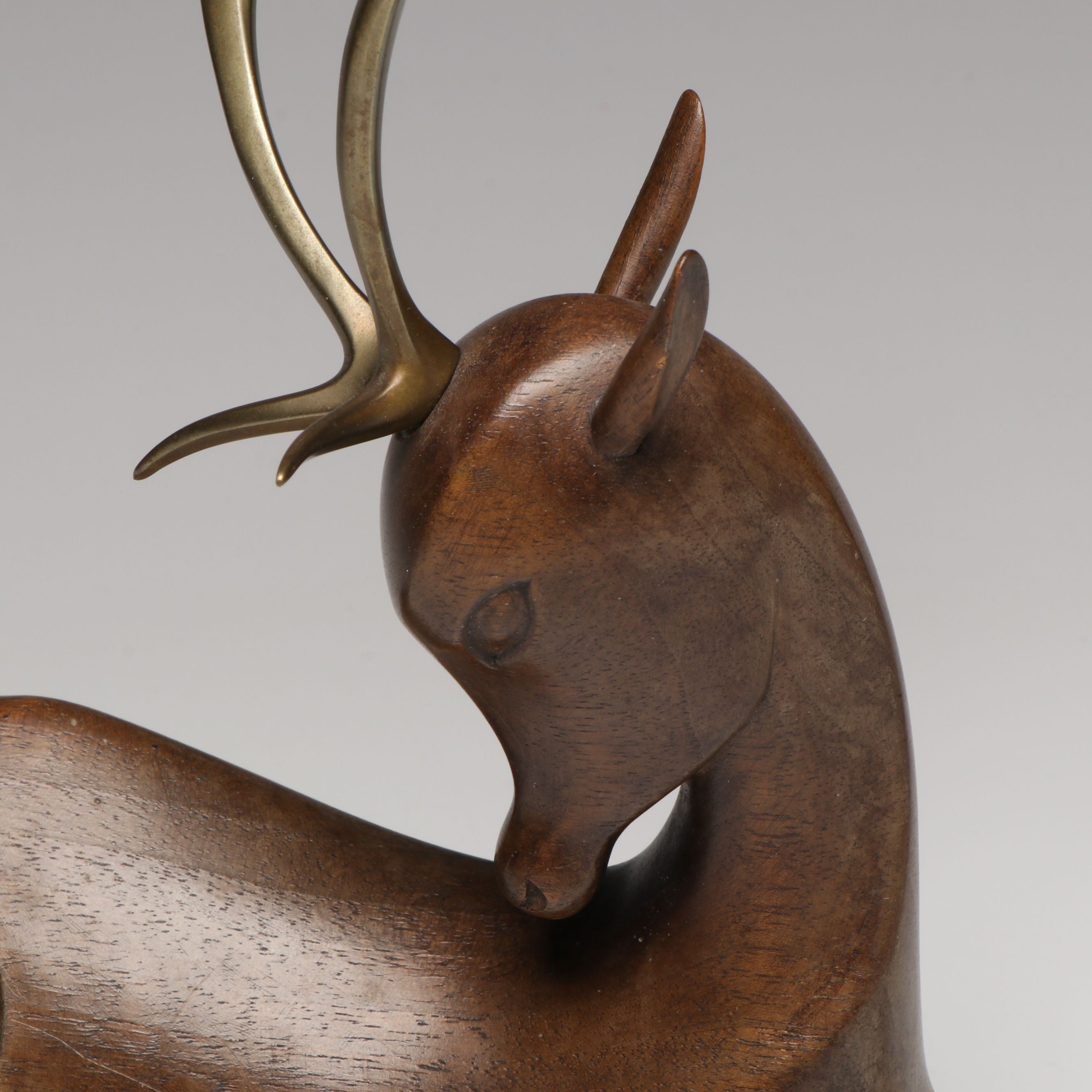 Art Deco Carved Wood and Brass Fallow Deer, Manner of Werkstätte Hagenauer