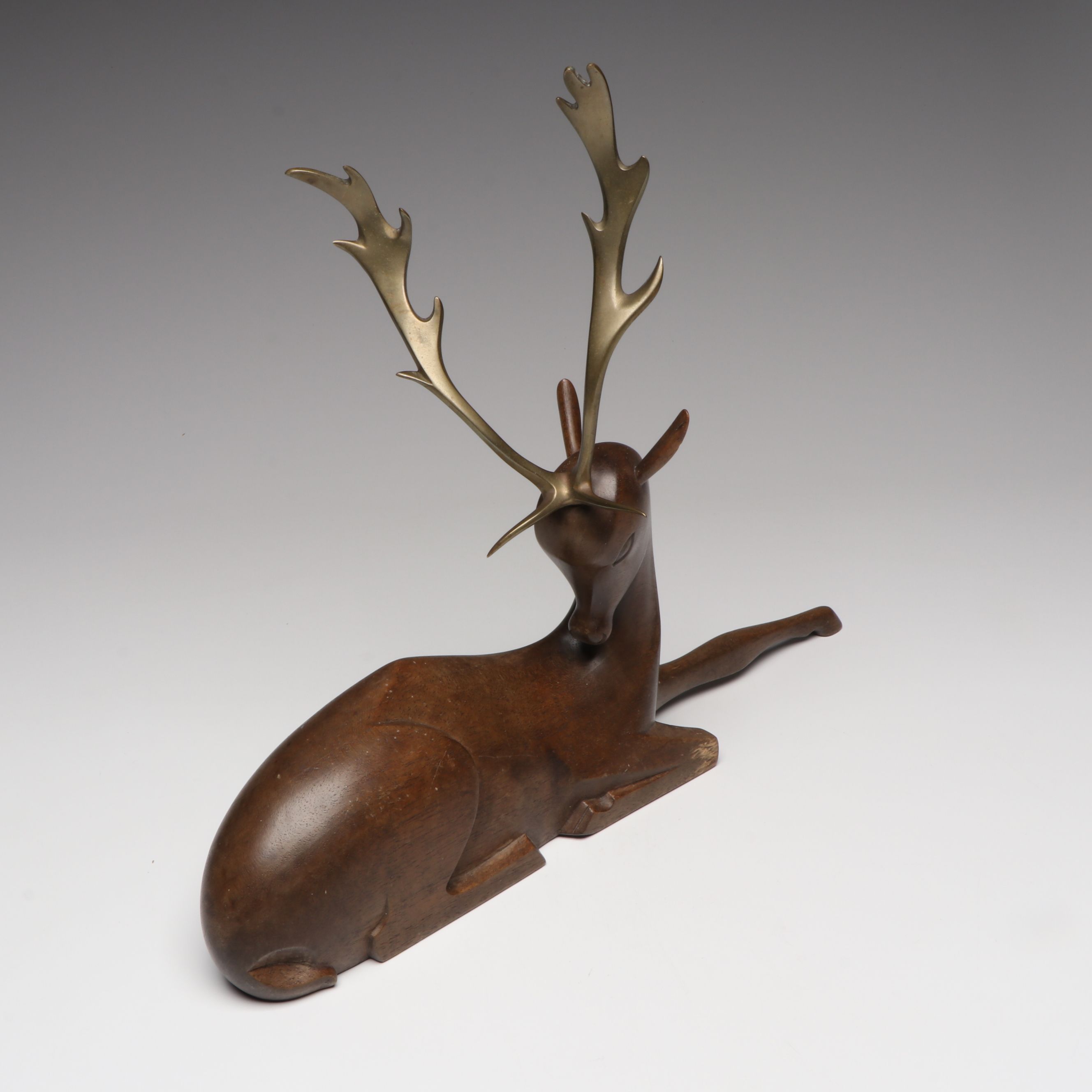 Art Deco Carved Wood and Brass Fallow Deer, Manner of Werkstätte Hagenauer